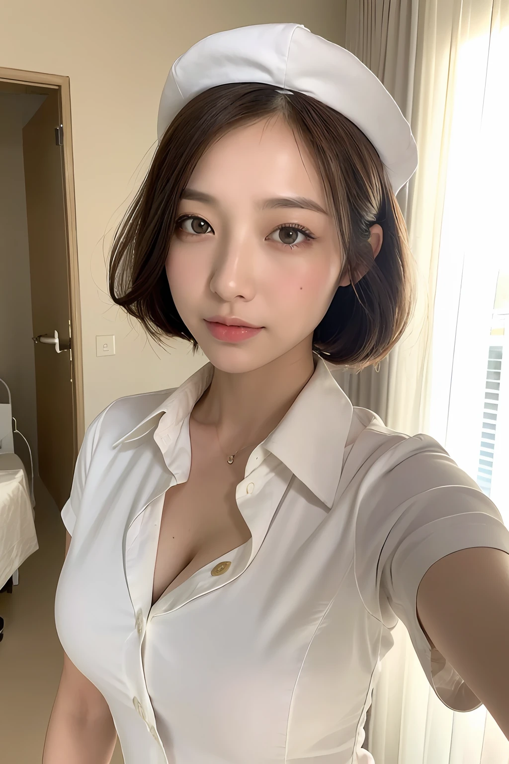 (Best quality, 8k, 32k, Masterpiece, UHD:1.2),Photo of Pretty Japanese woman, 1girl, (medium-short dark brown hair), (large breasts), double eyelid, White nurse uniform, small white nurse (cap), white shirt, open shirt, hospital, patient's room, upper body, sexy