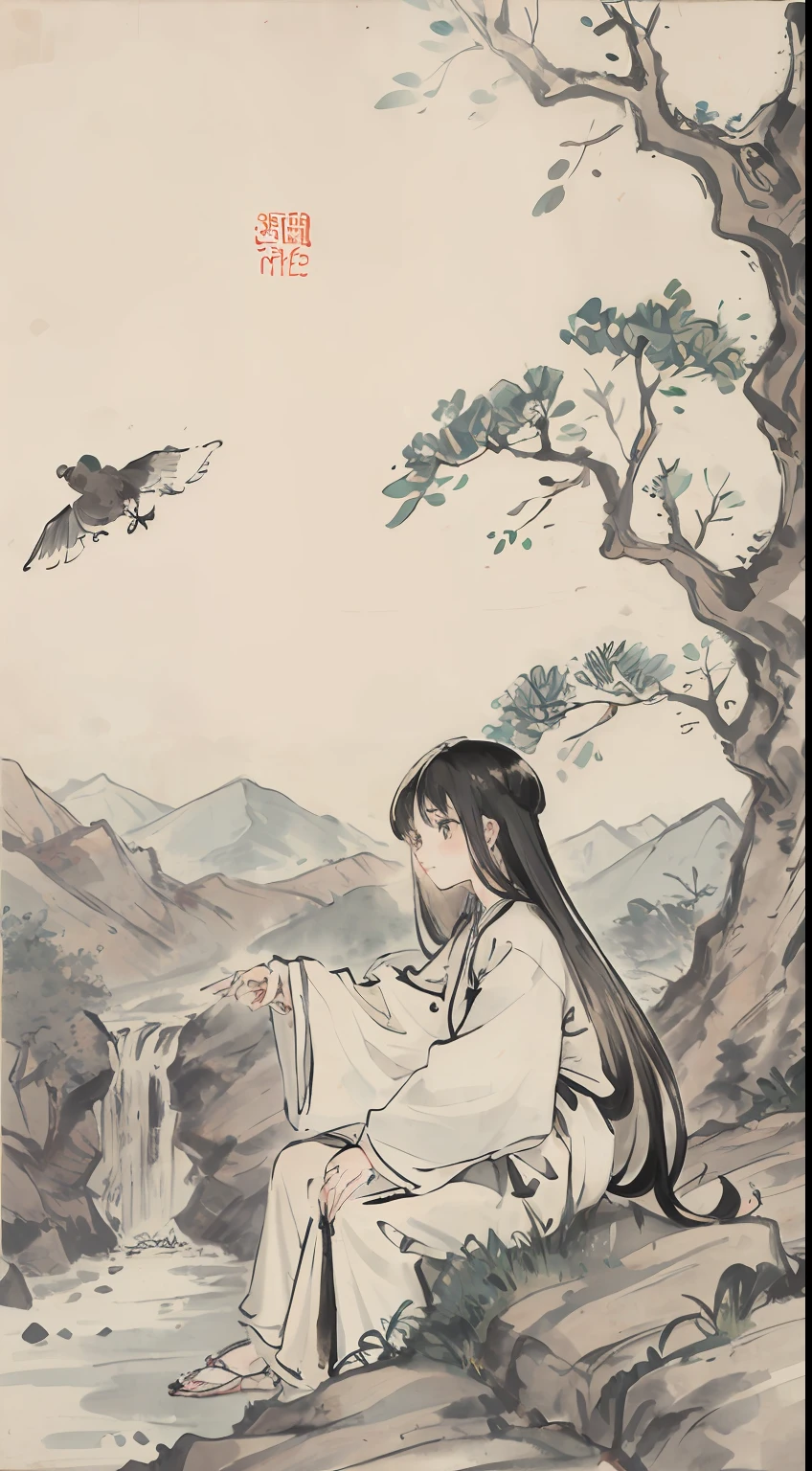 (Masterpiece, Best quality: 1.2), Tradition Chinese Ink Painting, large waterfalls between mountains, Big rivers, Grand, Flying birds,18-year-old girl in white clothes, sitting under a tree, sitting on green grass, Masterpiece
