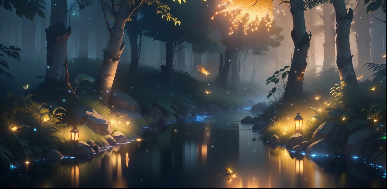 Masterpiece, best quality, (very detailed CG unity 8k wallpaper), (best quality), (best illustration), (best shadows), glow sprite, with a glowing deer, in the swimming pool Drinking water, natural elements in the forest theme. Mysterious forest, beautiful forest, nature, surrounded by flowers, delicate leaves and branches surrounded by fireflies (natural elements), (jungle theme), (leaves), (twigs), (fireflies), (particle effects) etc. 3D , Octane rendering, ray tracing, super detailed