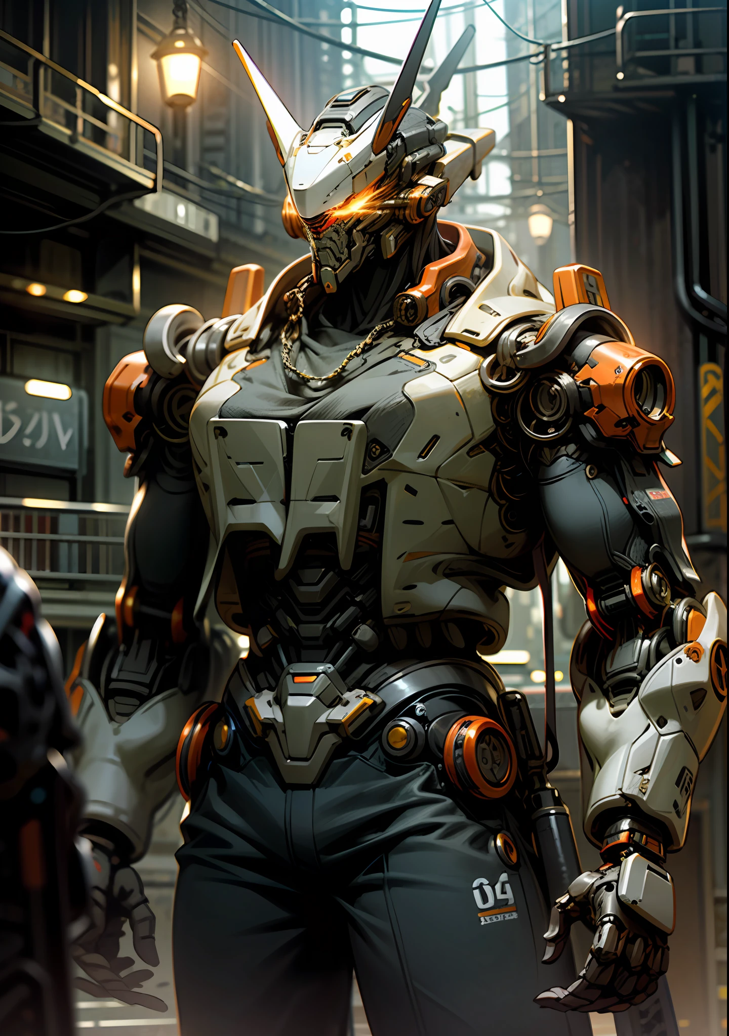 Dark_Fantasy,Cyberpunk,(chain saw,chain saw man,Red:1.1),1man,Mechanical marvel,Robotic presence,Cybernetic guardian, wearing a worn-out mech suit, intricate, (steel metal [rusty]), elegant, clear focus, shot by greg rutkowski, soft lighting, vibrant colors, masterpiece, ((street)), cowboy shot, dynamic pose,