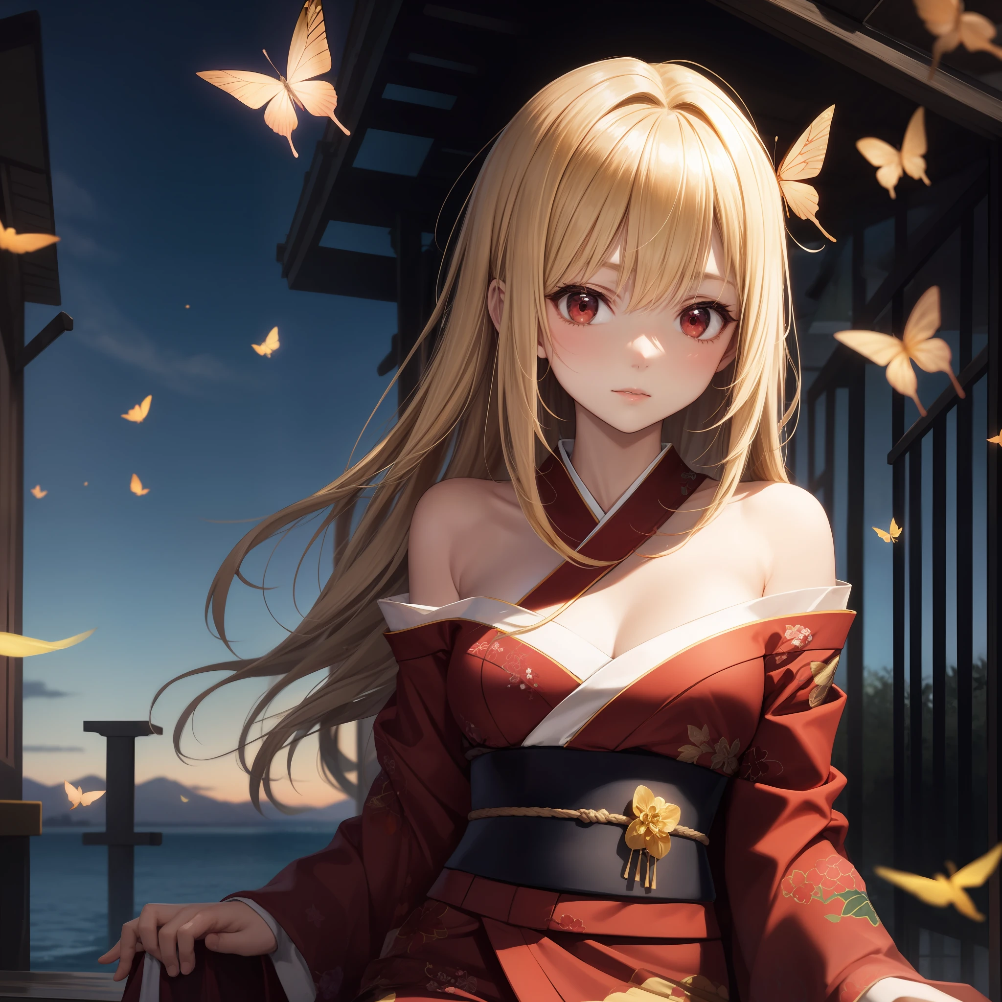 animesque、One blonde girl with red eyes、Bright red kimono、off shoulders、butterflys