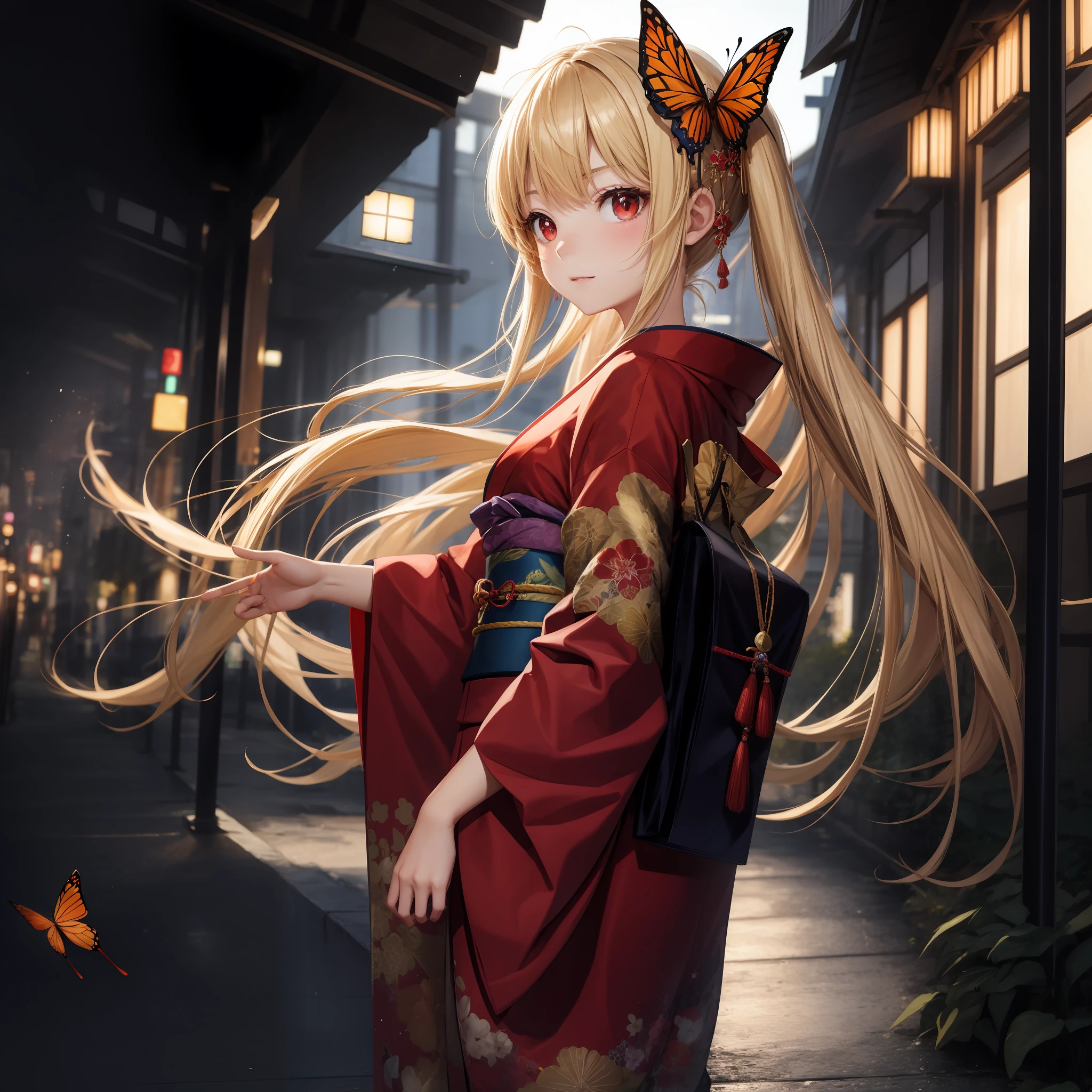 animesque、One blonde girl with red eyes、Bright red kimono、off shoulders、butterflys