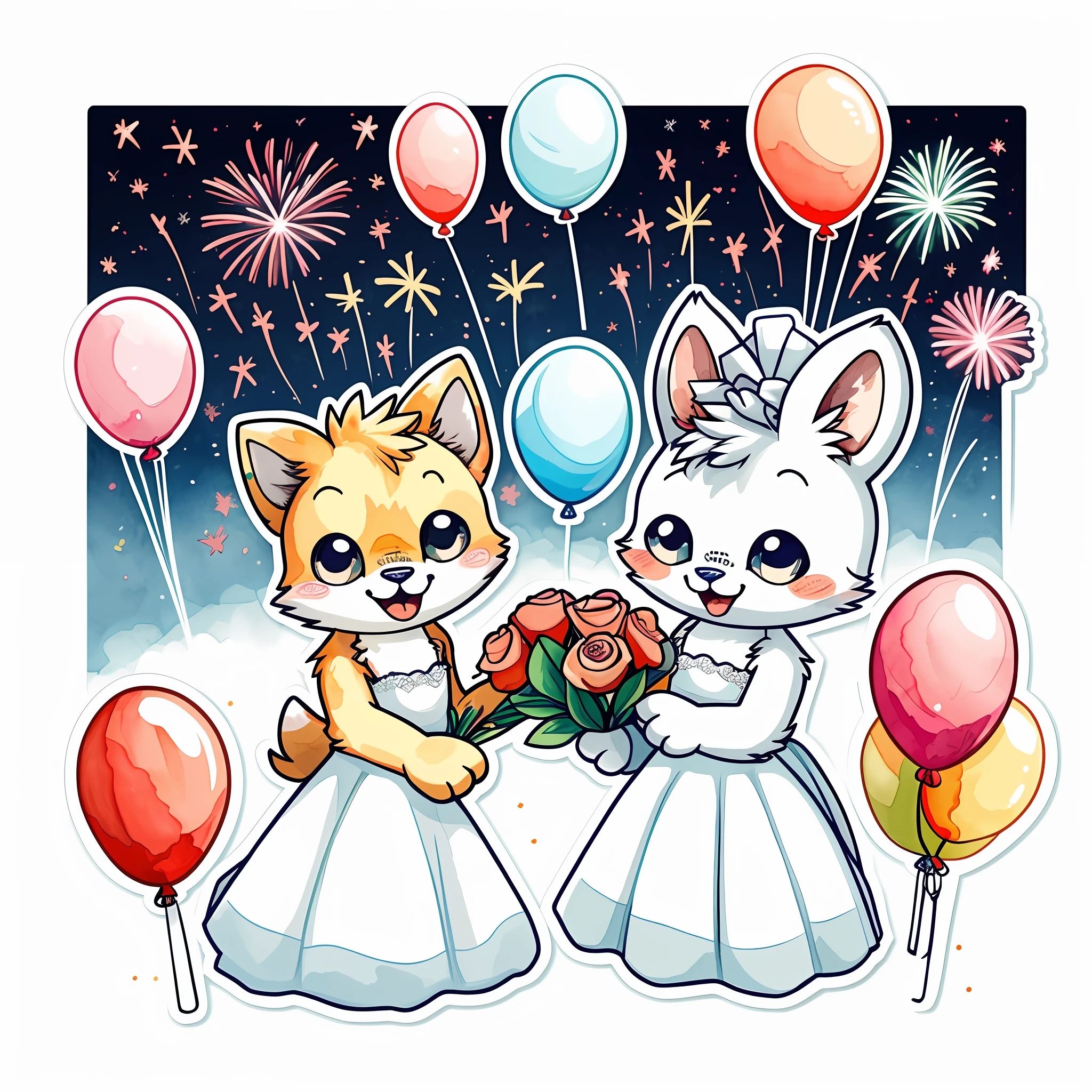 1 sticker, hand account, furry anthro, kemono(sticker, 1 boy and 1 girl, wedding dress, bouquet, salute, fireworks, balloons, champagne), watercolor, white background, simple background, minimal, cute, tiny, pastel color, vector style, no gradient,