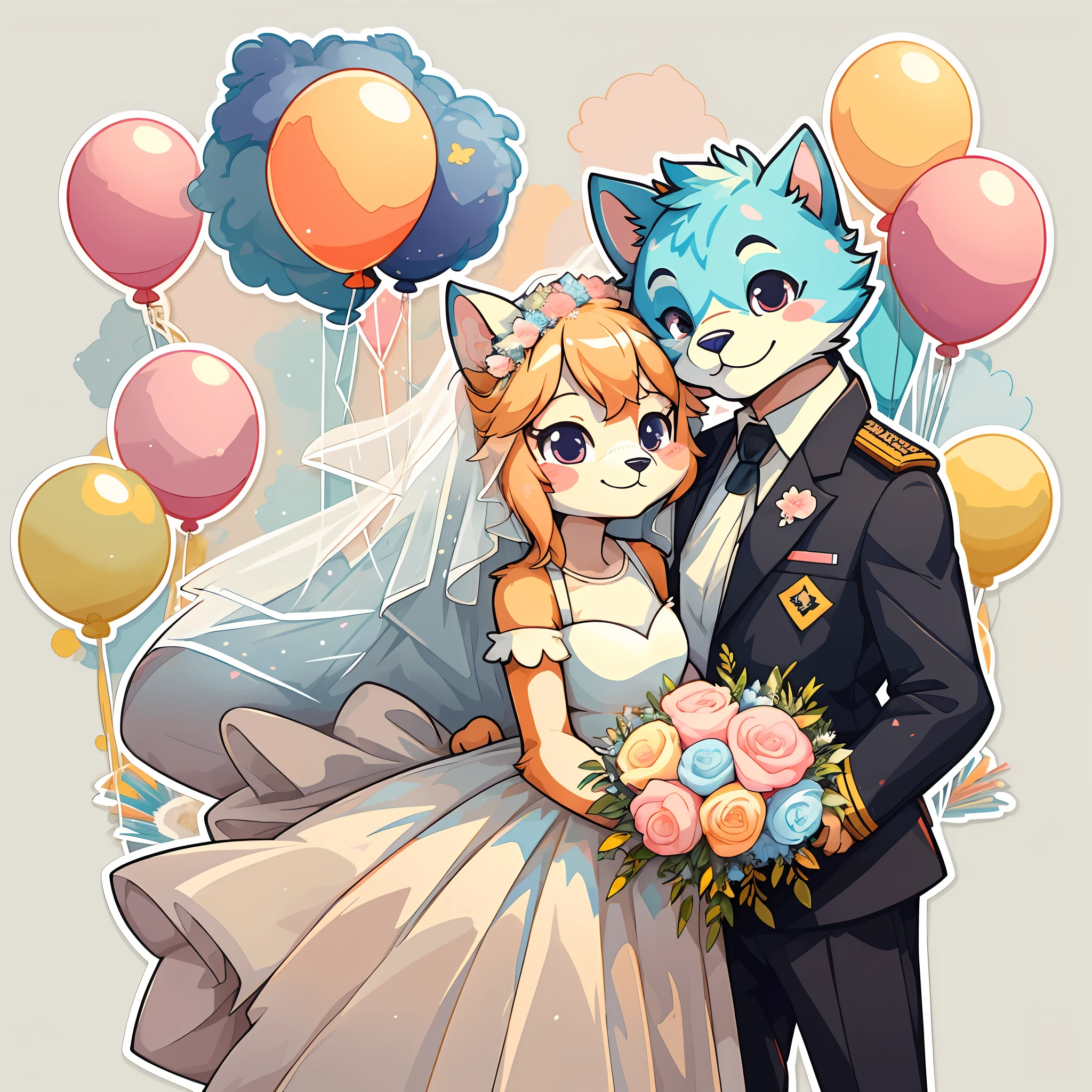 1 sticker, hand account, furry anthro, kemono(sticker, 1 boy and 1 girl, wedding dress, bouquet, salute, fireworks, balloons, champagne), watercolor, white background, simple background, minimal, cute, tiny, pastel color, vector style, no gradient,