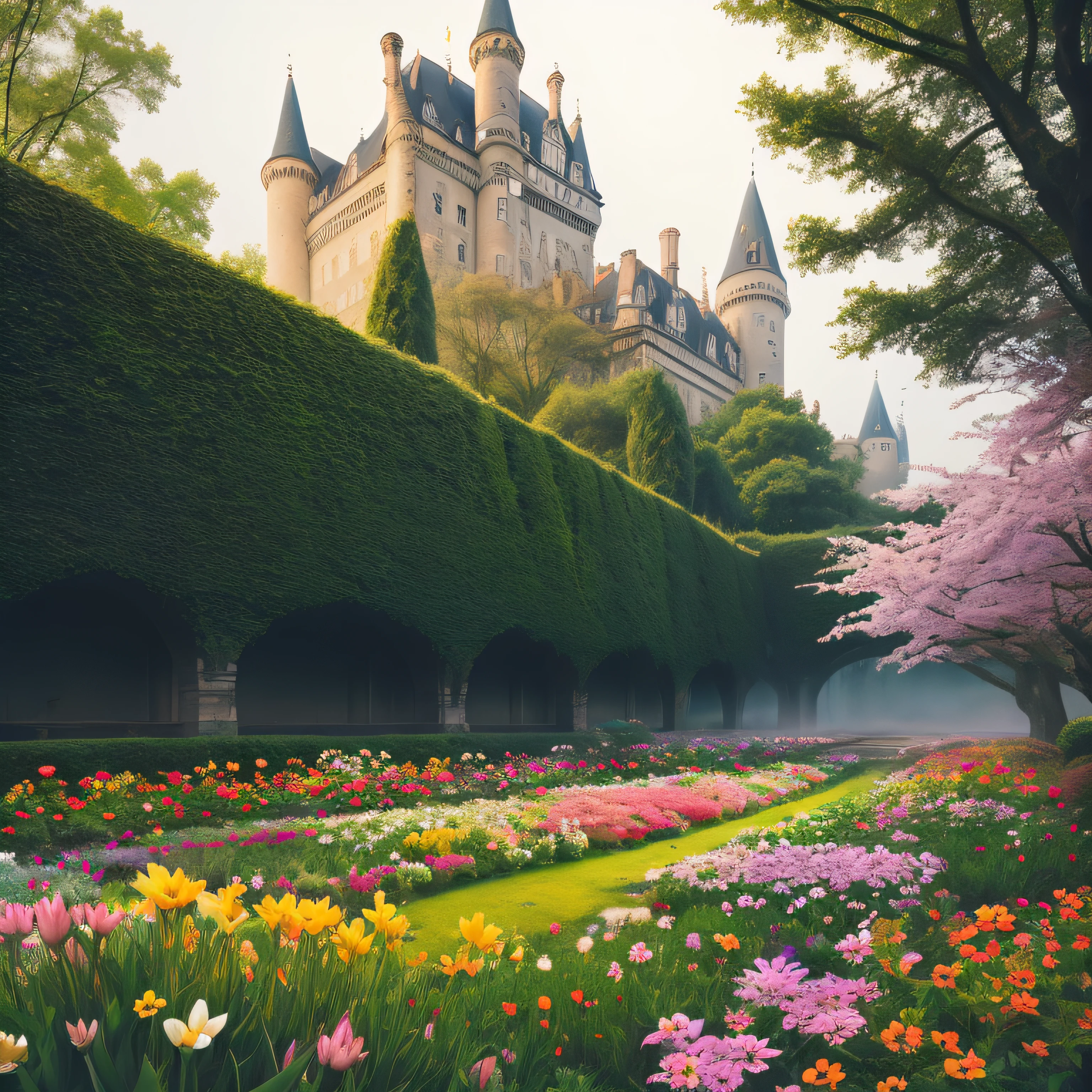 a foggy garden where colorful flowers are blooming, and there is an old castle over the garden, photographic --auto