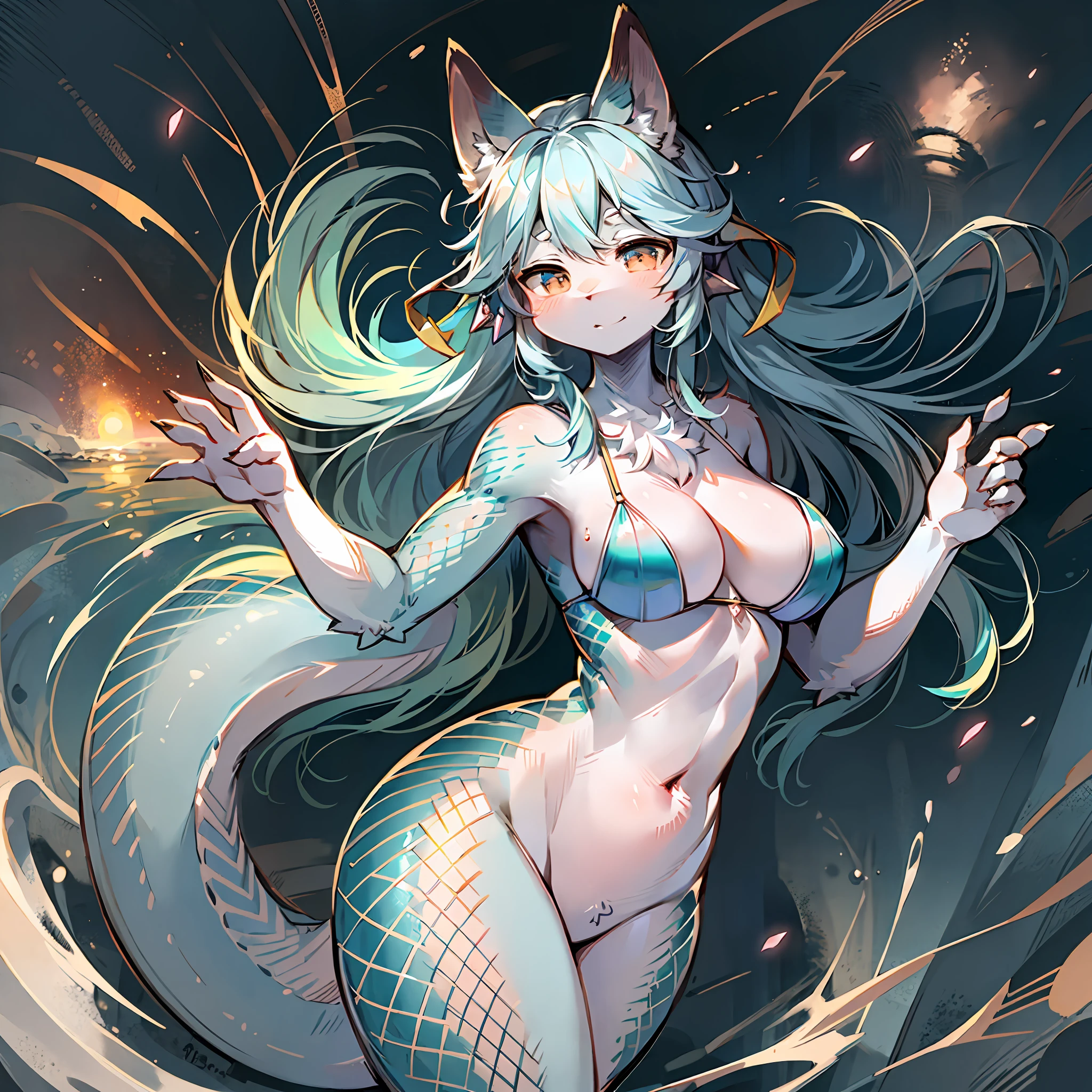 On a moonlit night, furry anthro, kemono, mermaid, a beautiful woman with bright shining scales on her skin dances gracefully on a white sandy beach Her beautiful face and brightly colored shining eyes The sea and the woman's scales shining faintly in the moonlight. Detailed drawing Vivid colors High image quality,