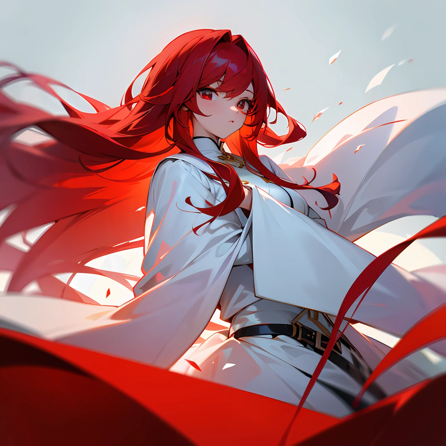 femele，red hair，Red pupil，White clothes ，Long hair