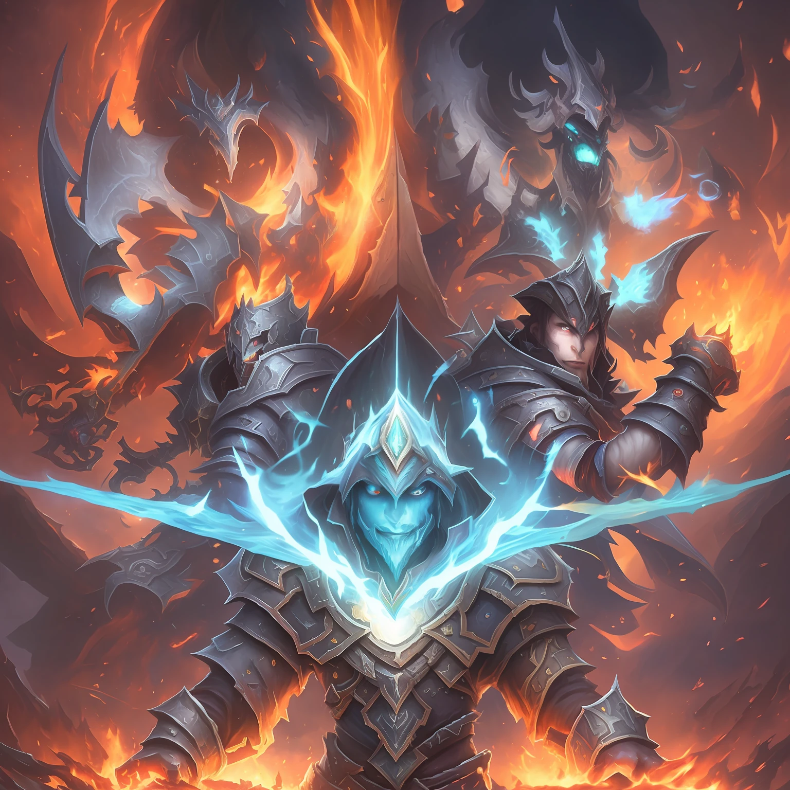 a close up of a person on a fire with a sword, hearthstone card game artwork. ”, hearthstone official splash art, world of warcraft splash art, painted portrait of mordekaiser, hearthstone card game artwork, hearthstone splash art, official splash art, blizzard warcraft artwork, hearthstone card artwork, flame conjuring armored, hearthstone art, hearthstone card art, league of legends splash art