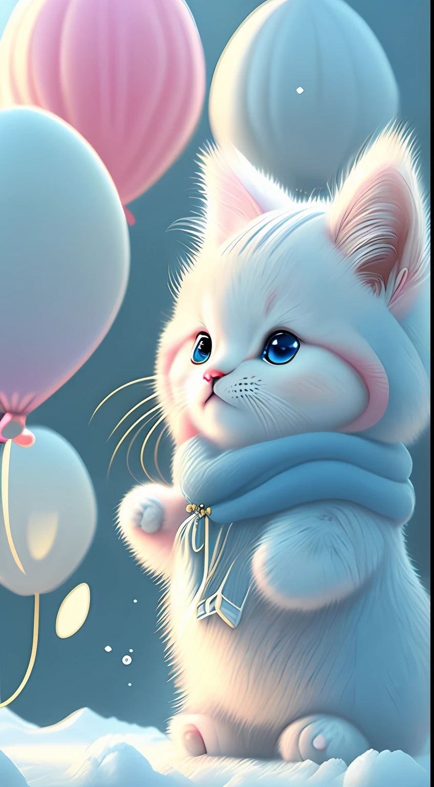 In this ultra-detailed CG art,Cute kittens surrounded by ethereal balloons,laughingly,blingbling,Best quality at best,A high resolution,Complicated details,fanciful,cute animal,Funny,Open-mouthed!!!,laughingly!!