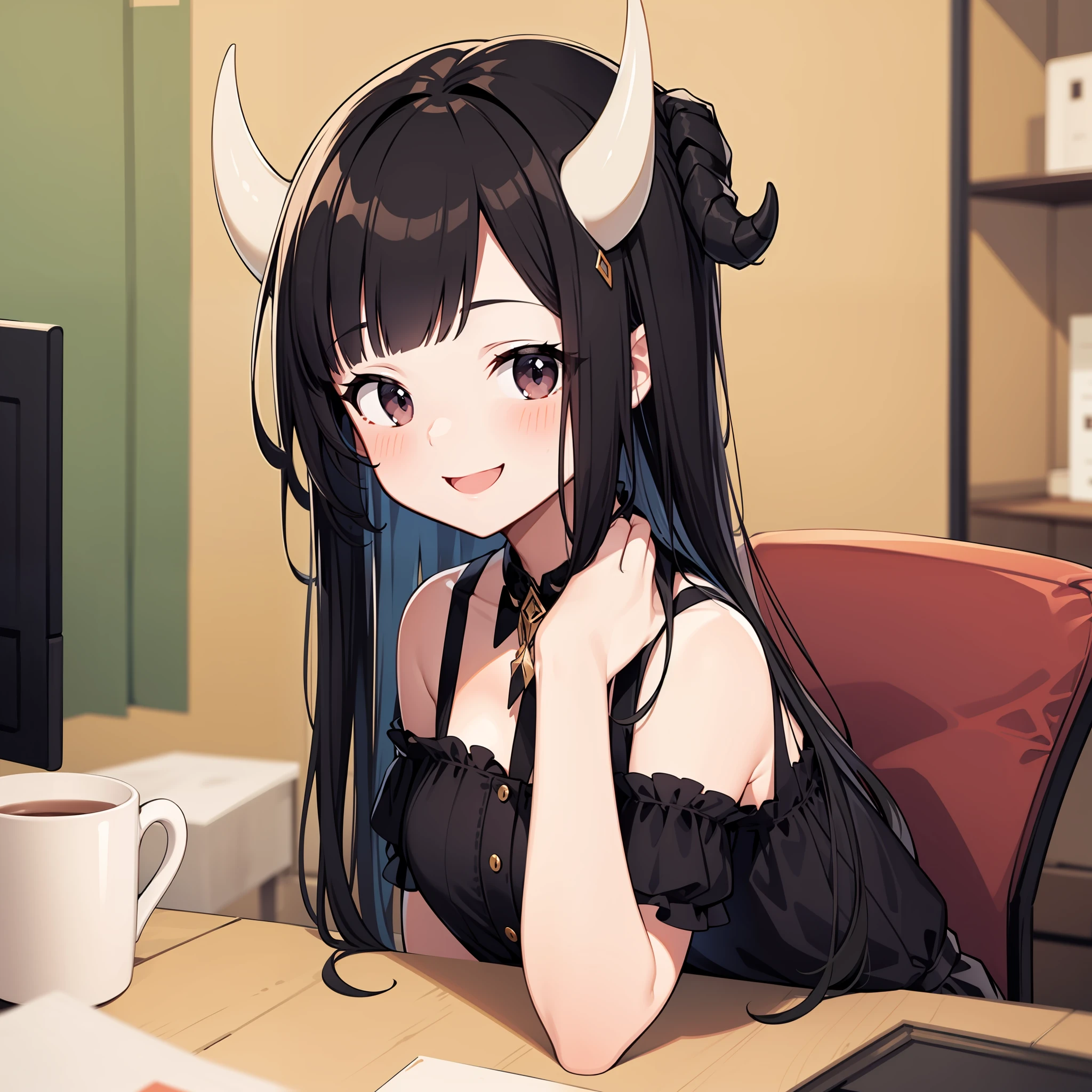 A petite, black-haired, horned girl with a big smile