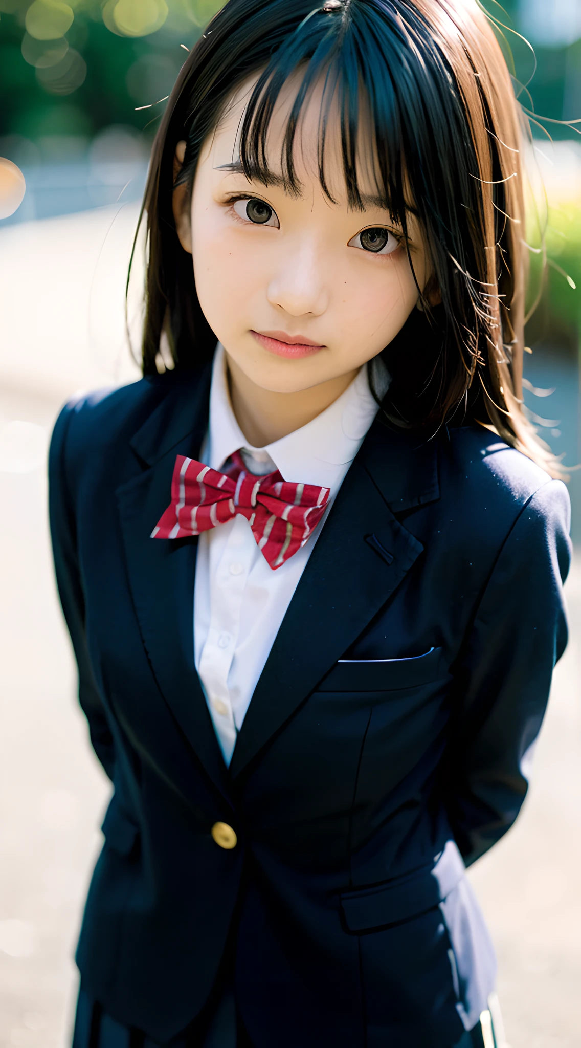 (masterpiece, best quality:1.4), award winning portrait, 8k, 85mm, solo, beautiful face, delicate girl, school uniform, (dark navy blazer jacket, arms behind back, close up face:1.2), dark navy skirt, long sleeve, violaceaess, gardeniass, elegance, sophisticated, cute, teen, looking at viewer, 18yo, raw photo, absurdres, HDR, sharp focus, bow tie, bokeh background