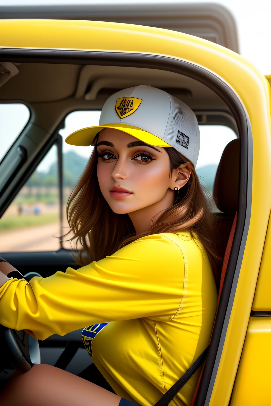 mulher loira, wearing yellow cap, in a truck, mulher ao volante, driving, mulher amarela, Beautiful woman, foto de alta qualidade, retrato de alta qualidade, Modelo do Instagram, modelo feminino bonito, Olhando para o Viewer, ultra HD realista