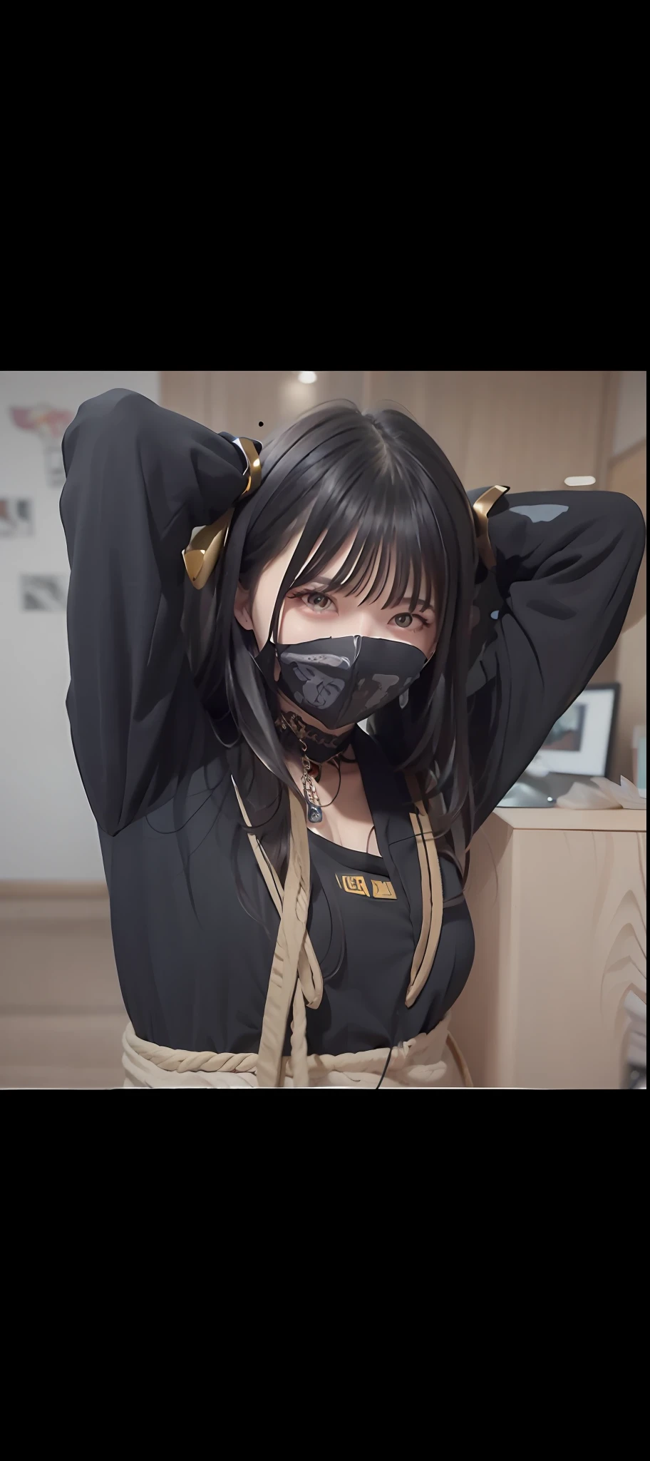 Close-up of a person wearing a mask and tie, strangled with rope, kanliu666, the robot wearing her human mask, cruel korean goth girl, E-Girl, e - girl, katanas strapped to her back, wearing a black noble suit, Wrapped in black tentacles, Spider gag, Rope bondage, gilded black uniform
