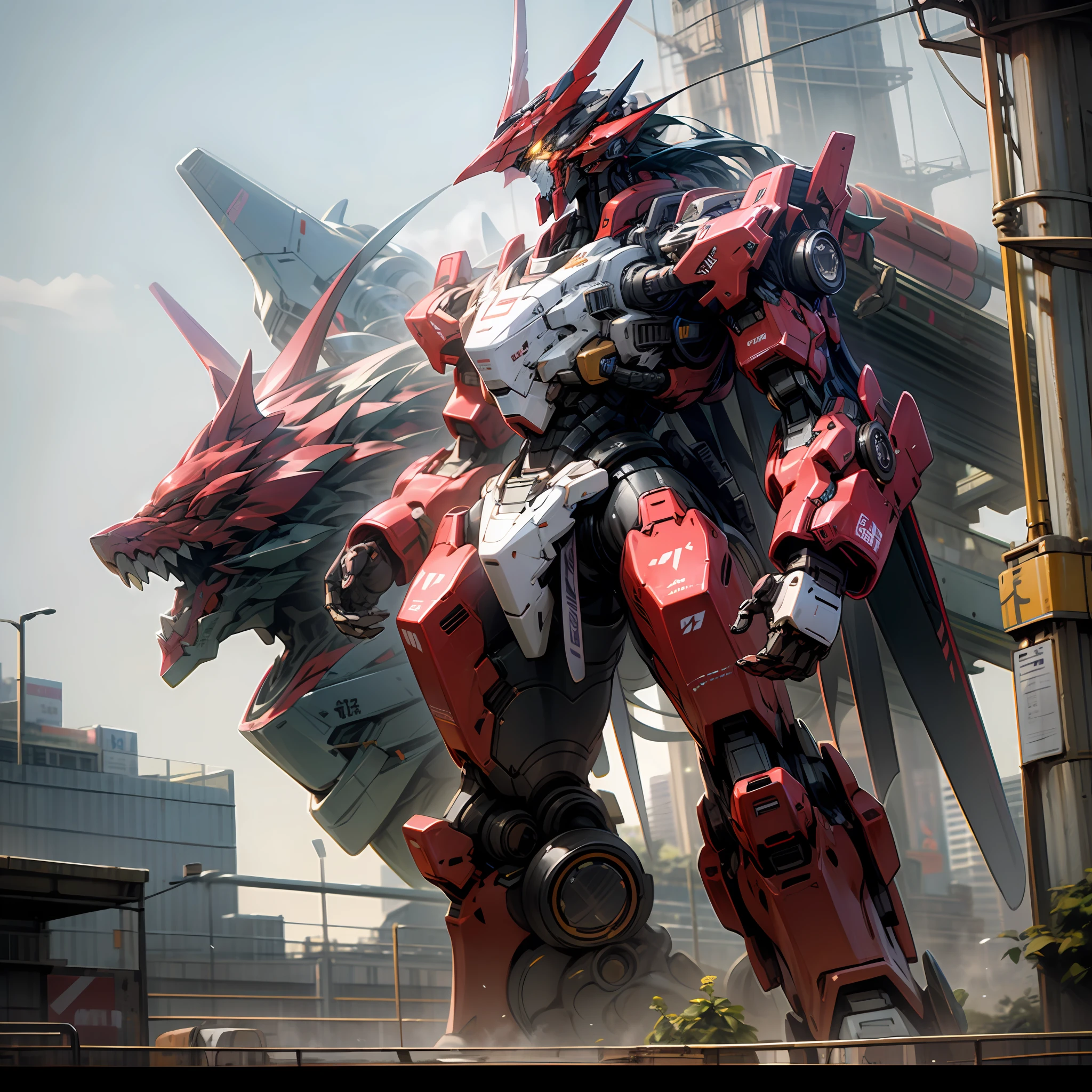 Gundred，mechs，Delicate body，Highest quality，Skysky，with light glowing，The body is huge，Stand in the city，giant mecha，The finest details， --auto