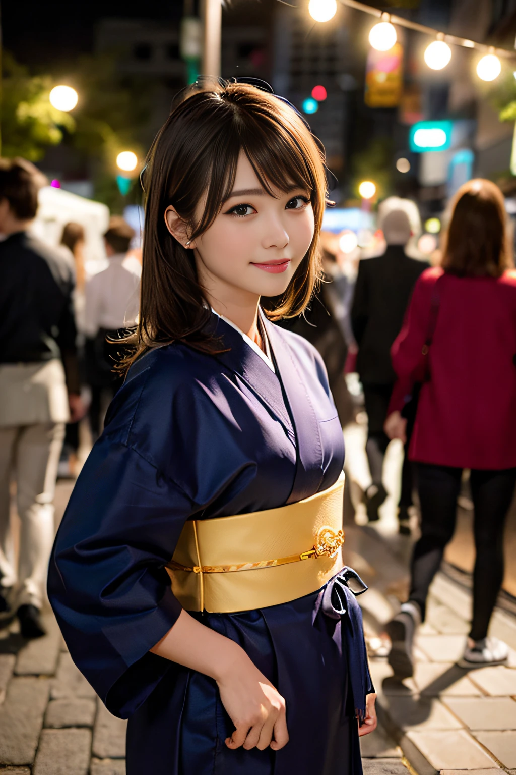 (8K、Raw photography、top-quality、masterpiece:1.2)、(realisitic、Photorealsitic:1.37)、ultra-detailliert、超A high resolution、1人、see the beholder、beautifull detailed face、A smile、Constriction、(Slim waist) :1.3)、Beautiful detailed skin、Skin Texture、Floating hair、Professional Lighting、Whole human body、Longhaire、a blond、Japanese Yukata、matsuri、In the street、sparklers