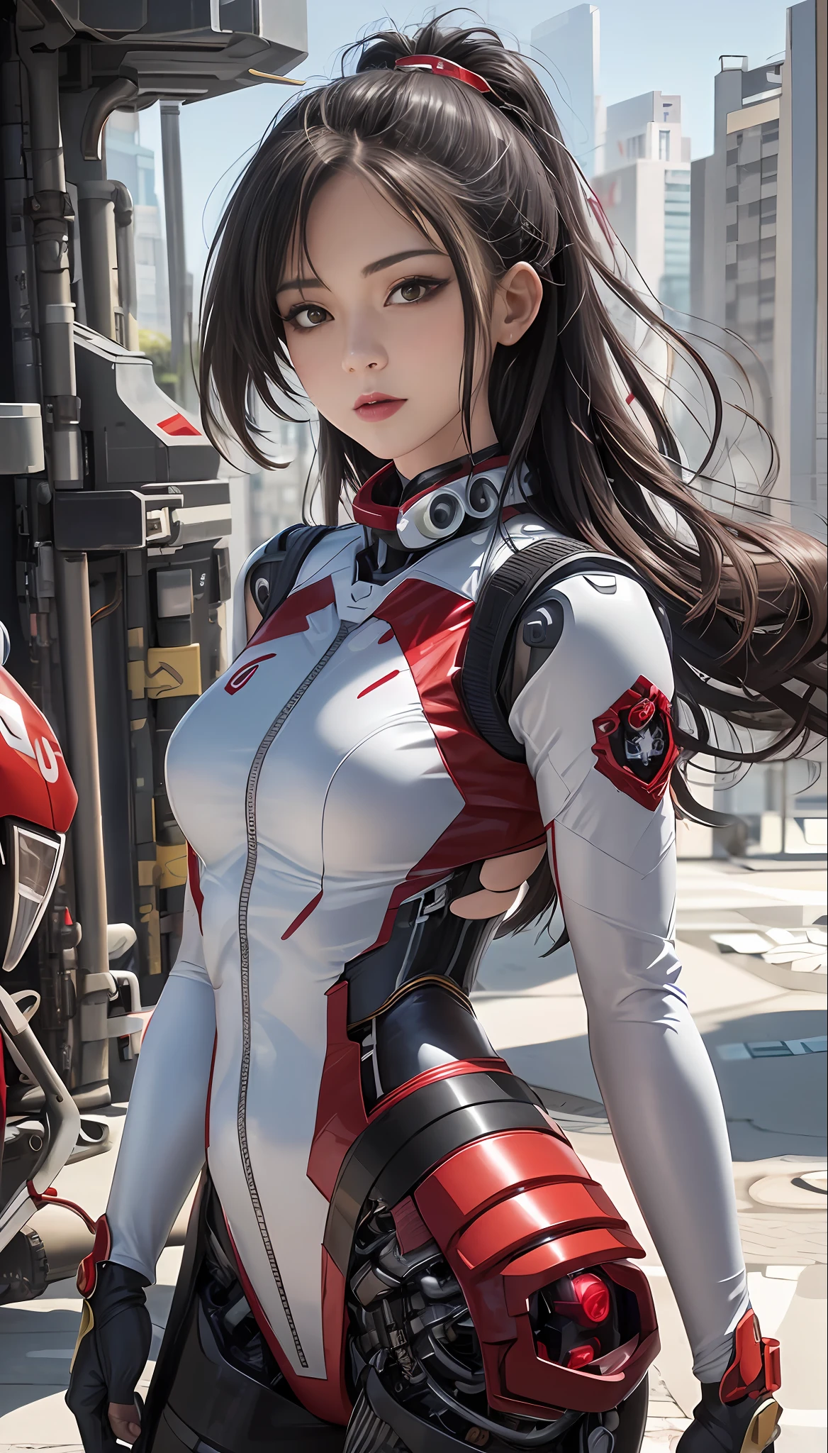 Close-up of a woman dressed in white and red, mechanized soldier girl, girl in mecha cyber armor, perfect anime cyborg woman, White and red armor, wearing techwear and armor, Range Murata and Artgerm, Anime girl cosplay, female cyberpunk anime girl, clothed in sci-fi military armor, cyberpunk anime girl mech, as an overwatch character
