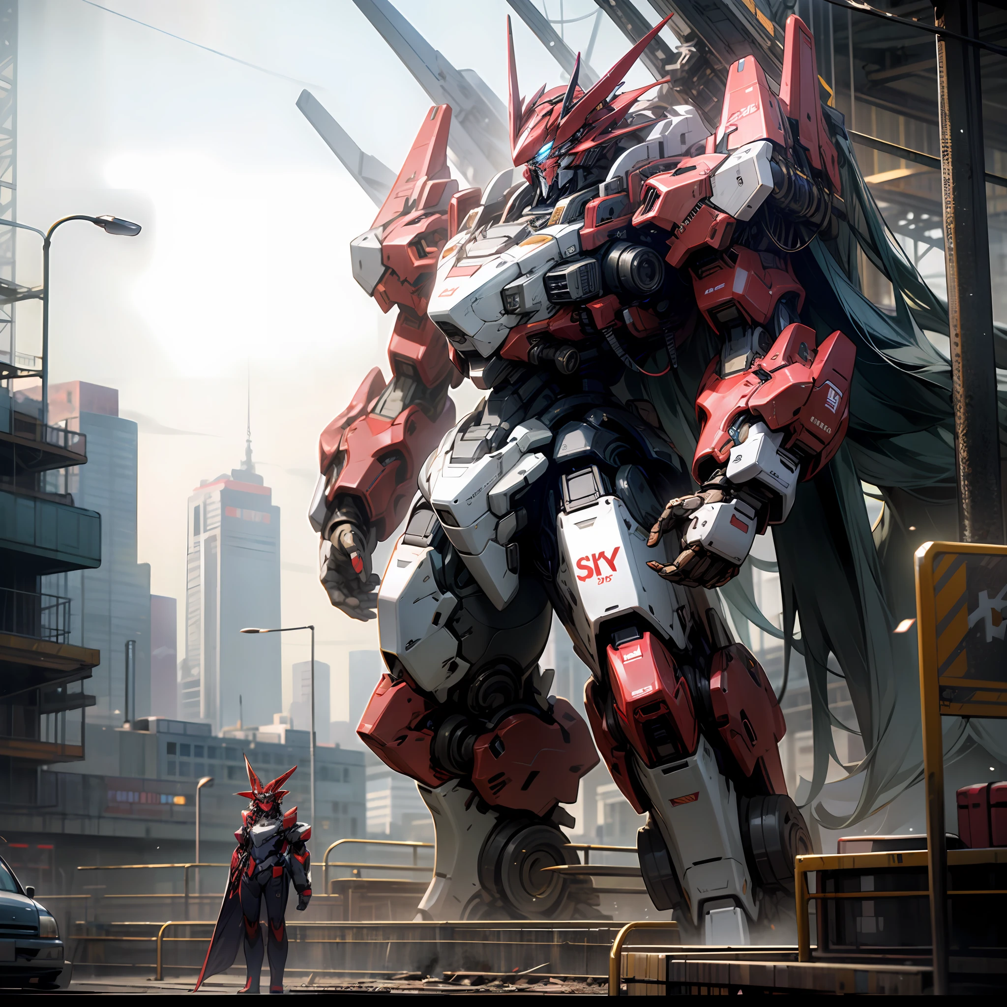 Gundred,mechs,Delicate body,Highest quality,Skysky,with light glowing,The body is huge,Stand in the city,giant mecha,The finest details, --auto