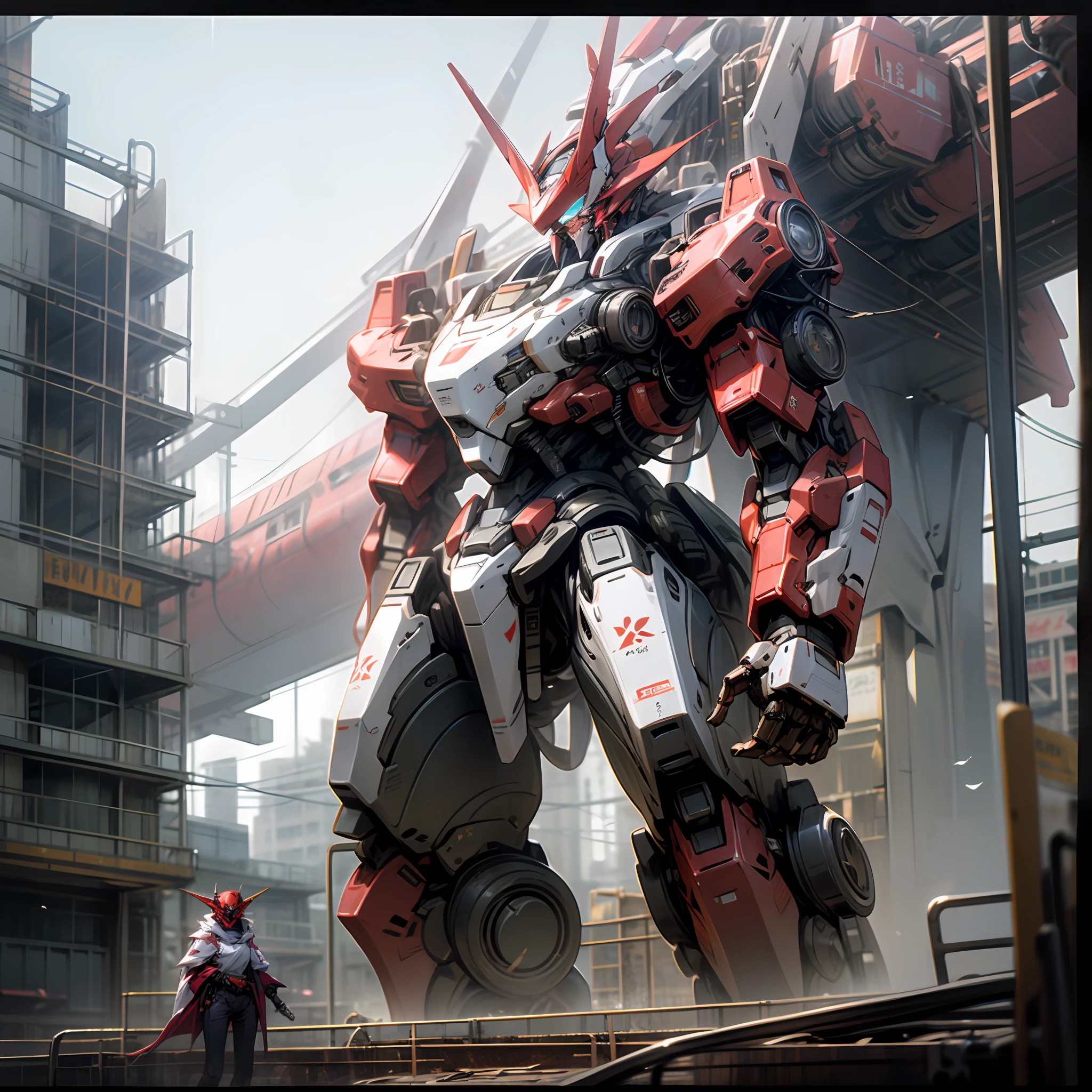Gundred,mechs,Delicate body,Highest quality,Skysky,with light glowing,The body is huge,Stand in the city,giant mecha,The finest details, --auto