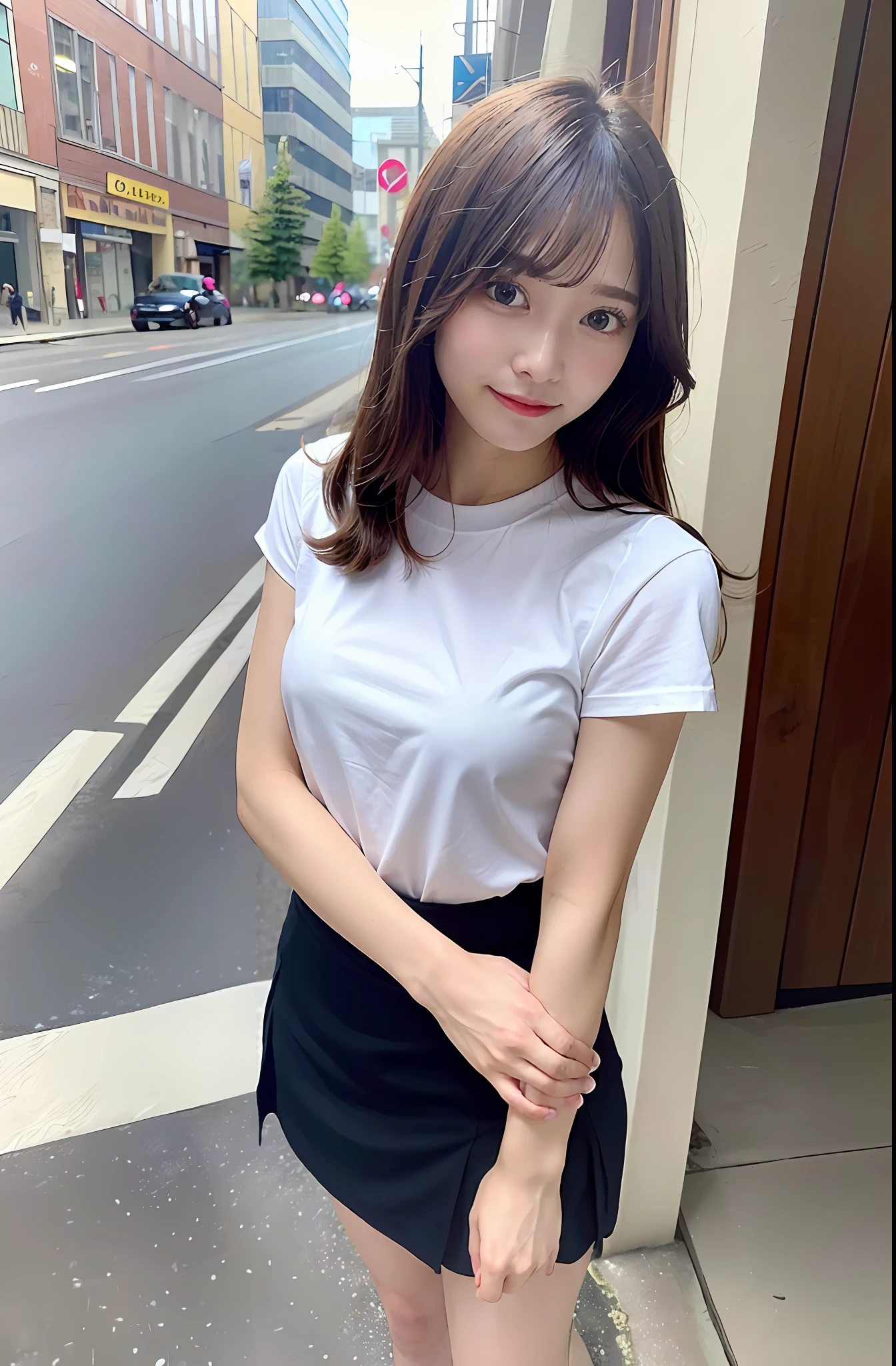 top-quality、Super Detail、sideways Facing、Looks Back、Tight shirt、tight skirts、a short skirt、You can see up to the feet、skinny thigh、perfect hand、perfect foot、y Shots, Photorealsitic, 8K、Transverse chest、no-bra、Ordinary chest、Beautiful body lines、being thin