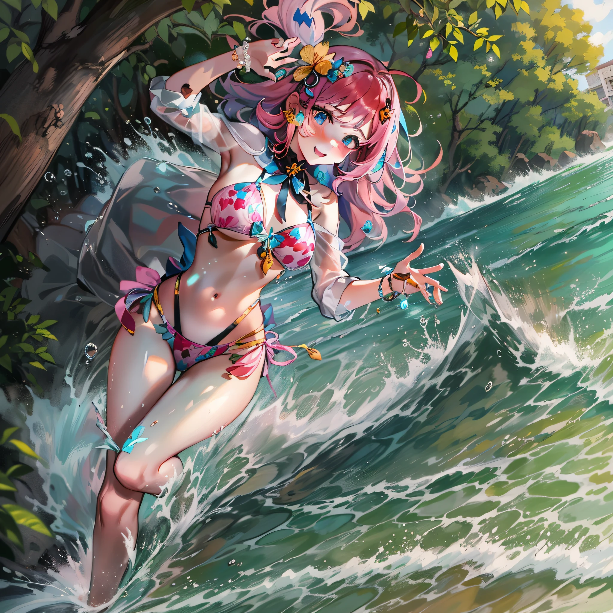 (Wonderful), Pink hair, Wearing a bikini，semi transparent，No straw hats，The waves are raging on the beach, Seagulls fly, (A pink-haired:1.2),(Smooth hair:1.1)Dance quietly, Like a dancing fairy, (Feminine expression:1.15),Charming little brute waist, After the rainstorm, the waves are ticking, A charming expression under a large tree, Fresh and small droplets, (embedding: Waves under the trees) Excellent body posture