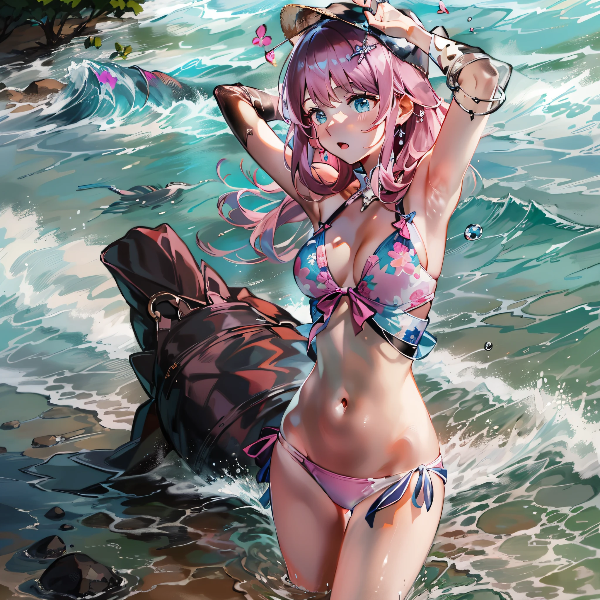 (Wonderful), Pink hair, Wearing a bikini，semi transparent，No straw hats，The waves are raging on the beach, Seagulls fly, (A pink-haired:1.2),(Smooth hair:1.1)Dance quietly, Like a dancing fairy, (Feminine expression:1.15),Charming little brute waist, After the rainstorm, the waves are ticking, A charming expression under a large tree, Fresh and small droplets, (embedding: Waves under the trees) Excellent body posture