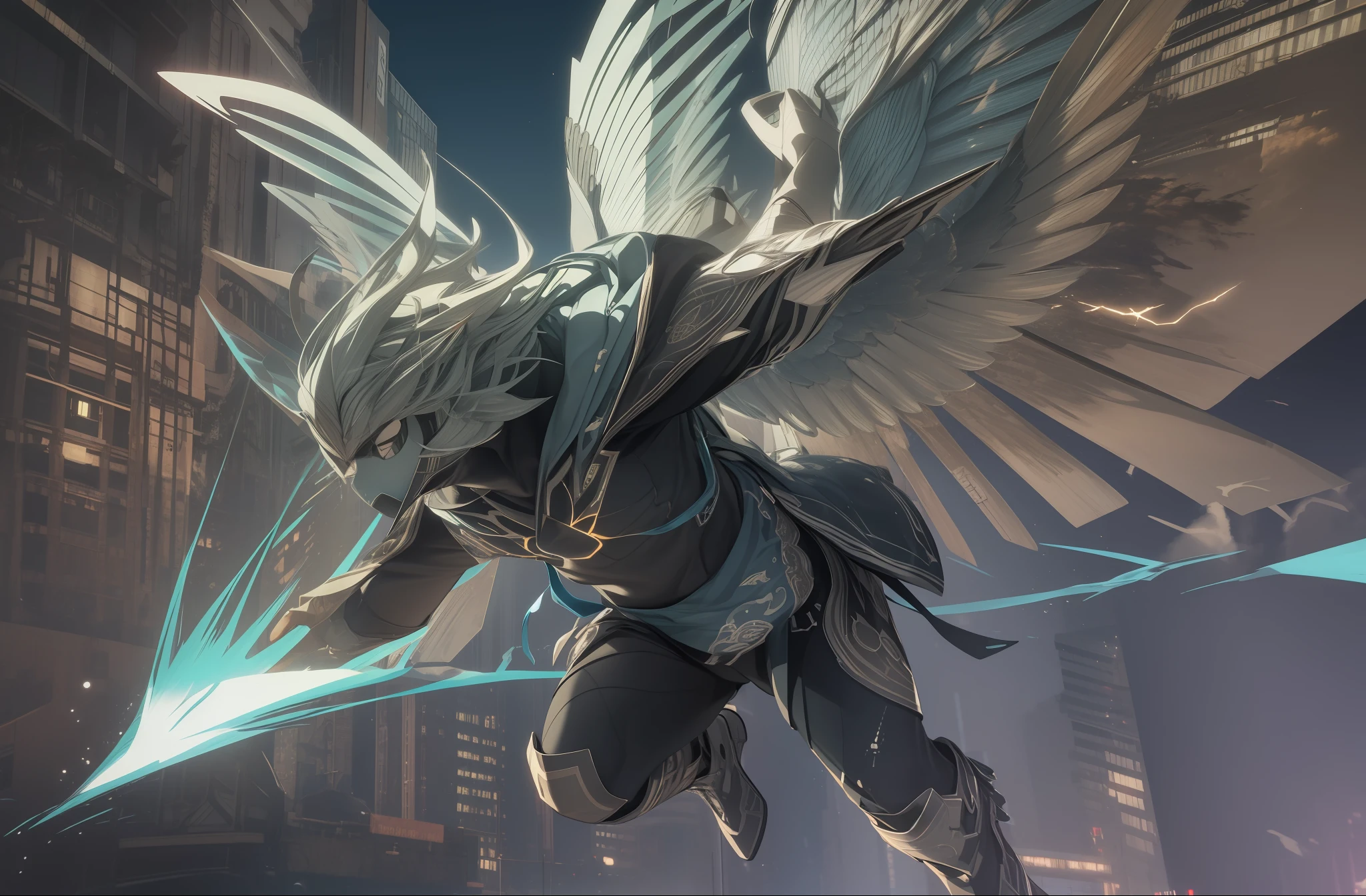 ((Best image quality, 3D style:1.3)),white colors,Bipedal,Two pairs of high wings,Spit lightning,The power is unlimited,The sky is illuminated,Hiryu,Amazing gestures,Detailed depiction of the