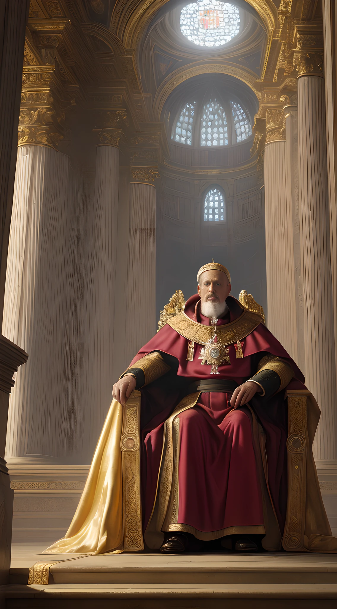 (masterpiece, high resolution, oil painting, Greg Rutkowski's technique:1.3), Pope Stephen VI, (luxuriant 9th-century papal attire:1.2), rich embroidery, gleaming with precious stones, (gold-encrusted papal tiara:1.1), hand resting on bible, Romanesque architecture backdrop, towering pillars, frescoes, dramatic lighting, cool colors, solemn atmosphere, half body view, frontal perspective, Greg Rutkowski's signature touch.