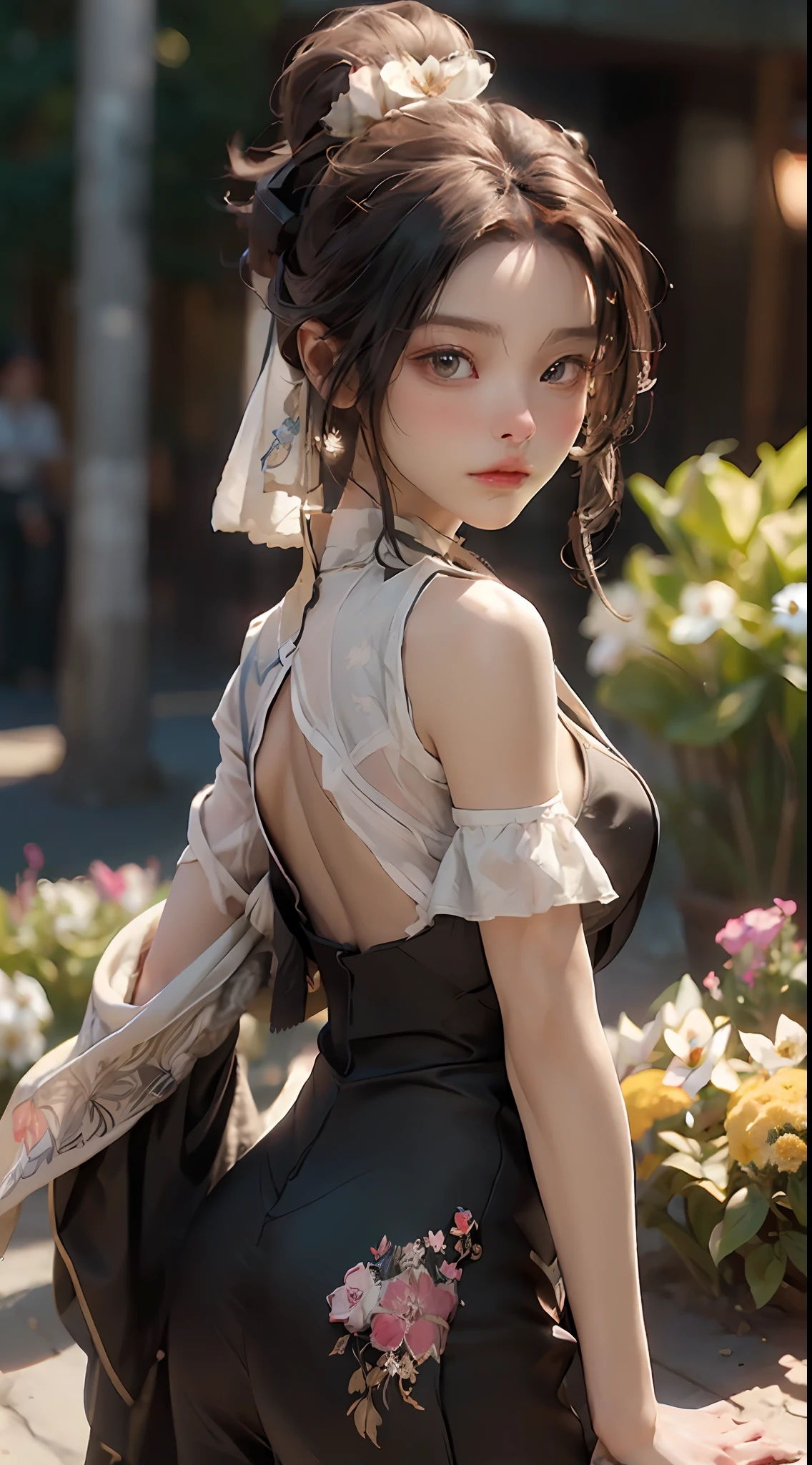 ((top-quality)), ((masterpiece)), (detaileds:1.4), 3D,Black clothe、show through、see -through、halterneck、Image of a woman with her back visible,nffsw(HighDynamicRange),Ray traching,NVIDIA RTX,Hyper-Resolution,Unreal 5,Sub-surface scattering,PBR Texturing,Postprocess,Anisotropy Filtering,depth of fields,Maximum clarity and sharpness,multi-layer texture,Albedo and specular maps,Surface Shading,Accurate simulation of light-material interactions,perfectly proportions,Octane Rendering,Two-tone lighting,Wide aperture,Low ISO、White Balance、thirds rule、8K Raw、Buried in flowers、florals、Flower bushes、Touching the hair、