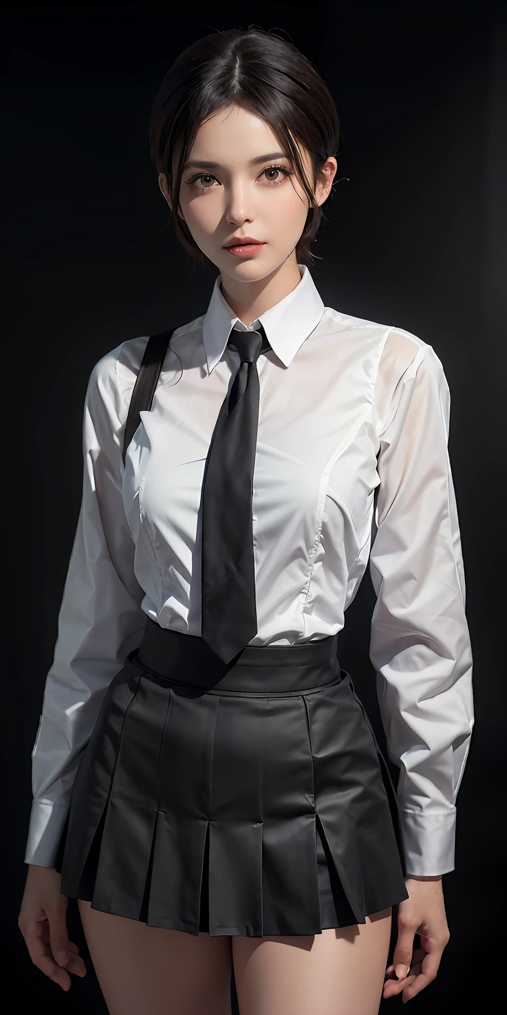(masterpiece:1.3), (8k, photorealistic, RAW photo, best quality: 1.4), (1girl), beautiful face, (realistic face), (black hair, short hair:1.3), beautiful hairstyle, realistic eyes, beautiful detailed eyes, long eyelashes, (realistic skin), beautiful skin, medium breasts, (perfect body:1.3), (detailed body:1.2), (white collared shirt), (black pleated skirt), (necktie), absurdres, attractive, ultra high res, ultra realistic, highly detailed, golden ratio