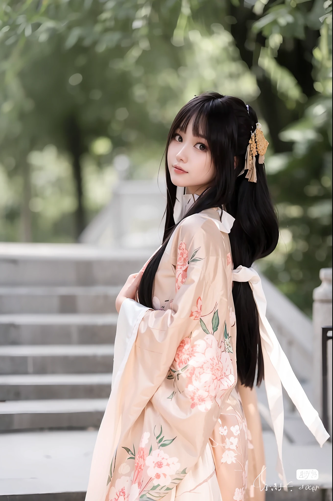 Close-up of a woman in a kimono dress standing on the stairs, Hanfu, Palace ， A girl in Hanfu, White Hanfu, in a kimono, long beautiful flowing kimono, komono, Wearing ancient Chinese clothes, Japanese kimono, pale and coloured kimono, komono, elegant japanese woman, Wearing a kimono, flowing hair and long robes
