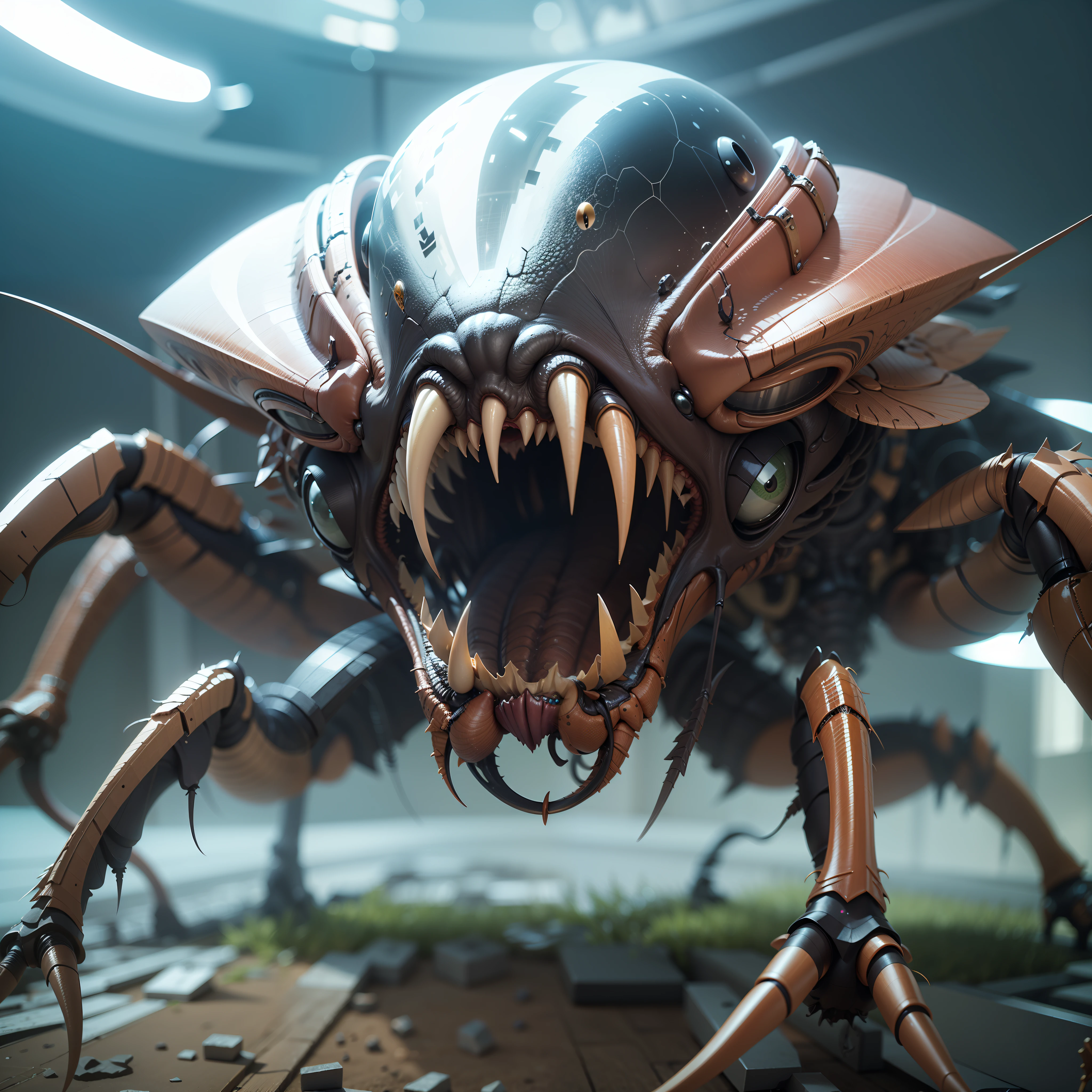 Space alien bug, scary, no eyes, big mouth and sharp teeth, long bug legs, 3D-rendering, hyper detailing