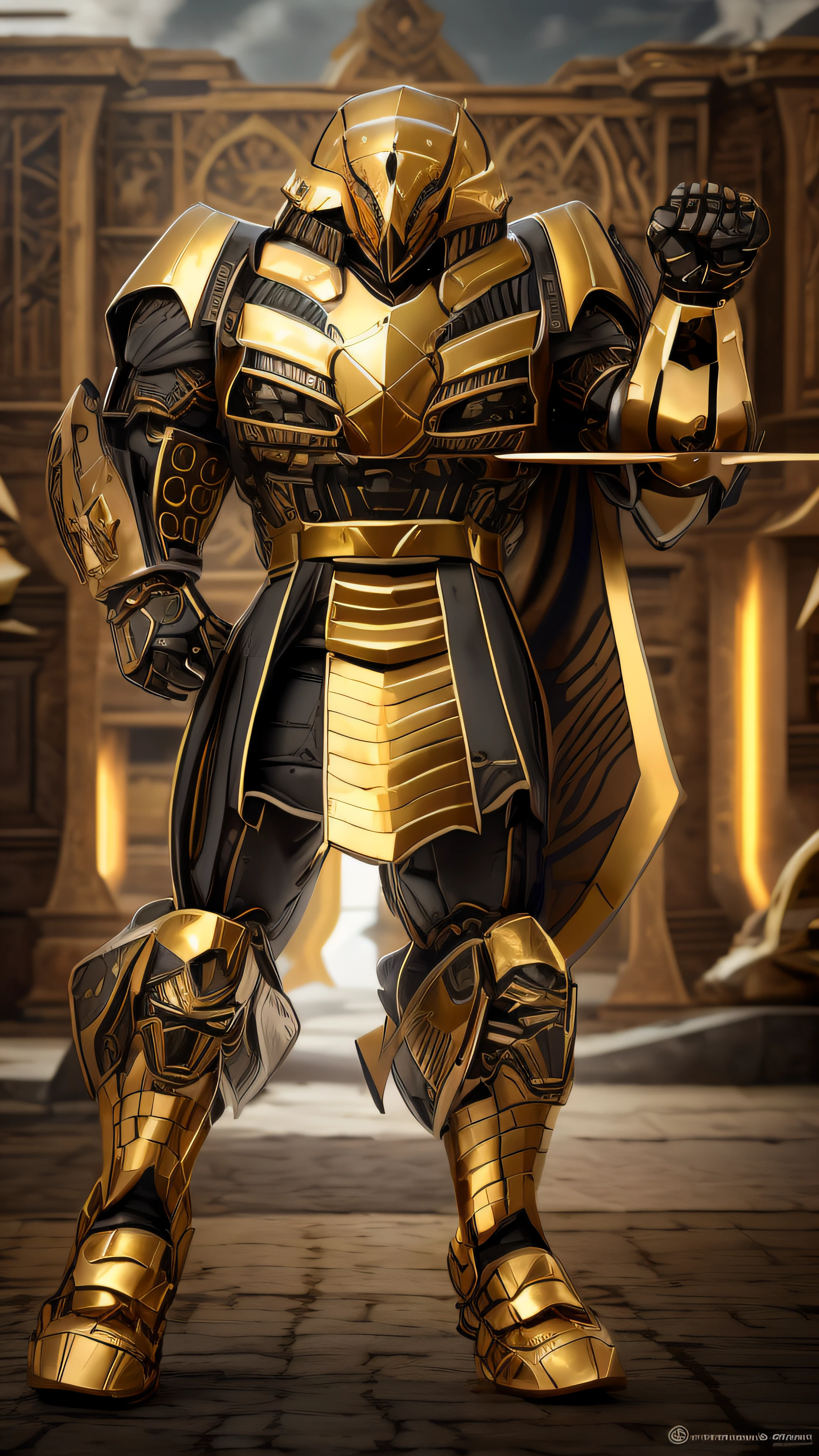 A closeup of a golden robot with a sword in hand, Armadura obsidiana de ouro pesado, armadura pesada de ouro. Dramatic, luz saindo da armadura, Armadura Obsidiana de Ouro, estilo fantasia 8 k octane render, armadura dourada vestindo, armadura dourada pesada, armadura dourada de Paladin, armadura dourada, armadura dourada, epic paladin armor, photogenic details on armor