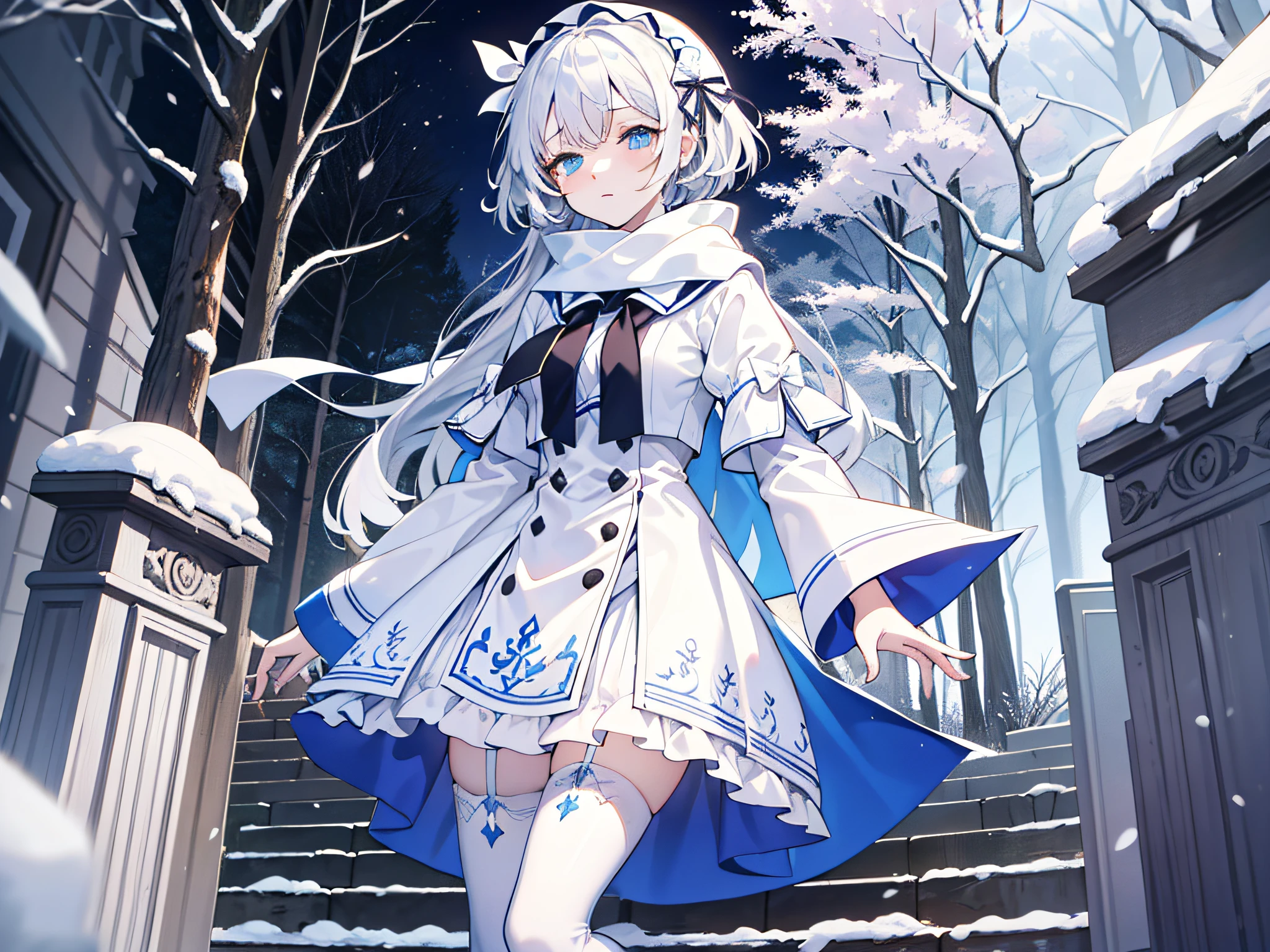 Light blue eyes,Princess cut,whaite hair,White thigh boots,White Gothololita,White over-the-knee stockings,white bows,Full body like,sweeping bangs,Semi-closed Eyes,Long white scarf,ln the forest,the night,at winter season,tmasterpiece,4K,Award-winning photos,extremely detaile,finely detailled,Highly detailed woman,s girl,Extremely detailed eyes and face,best qualtiy,Indifferent expression,standing on your feet