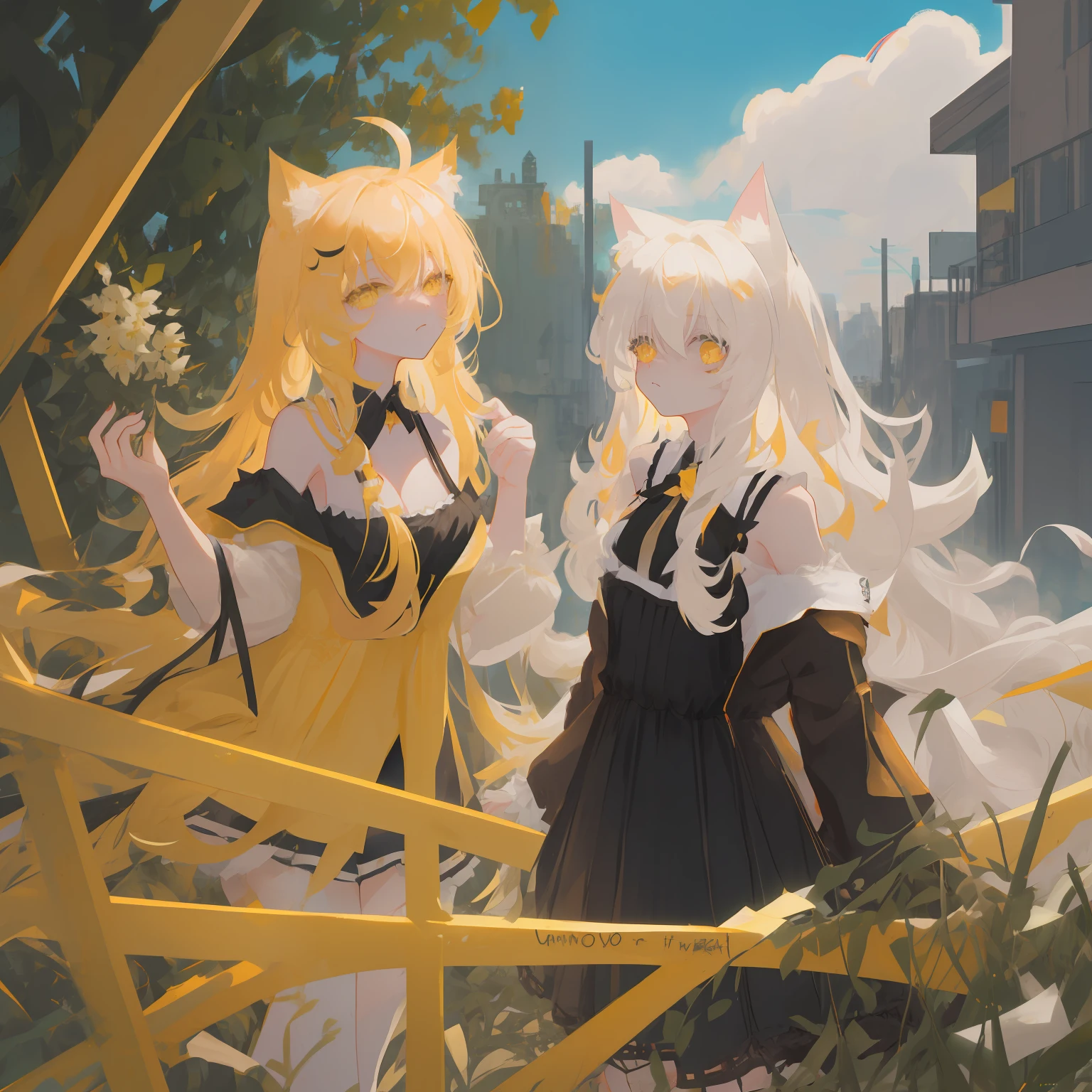 Long white hair and yellowish pupils,Attractive cat girl,{Lori huge breasts cleavage},cat ear,Close half of your eyes,teens girl,Young,Soft cute,The contrast is cute,Pure desire，Lateral face，Looking Up The Sky，apprehension，flatchest,No shoulder leakage