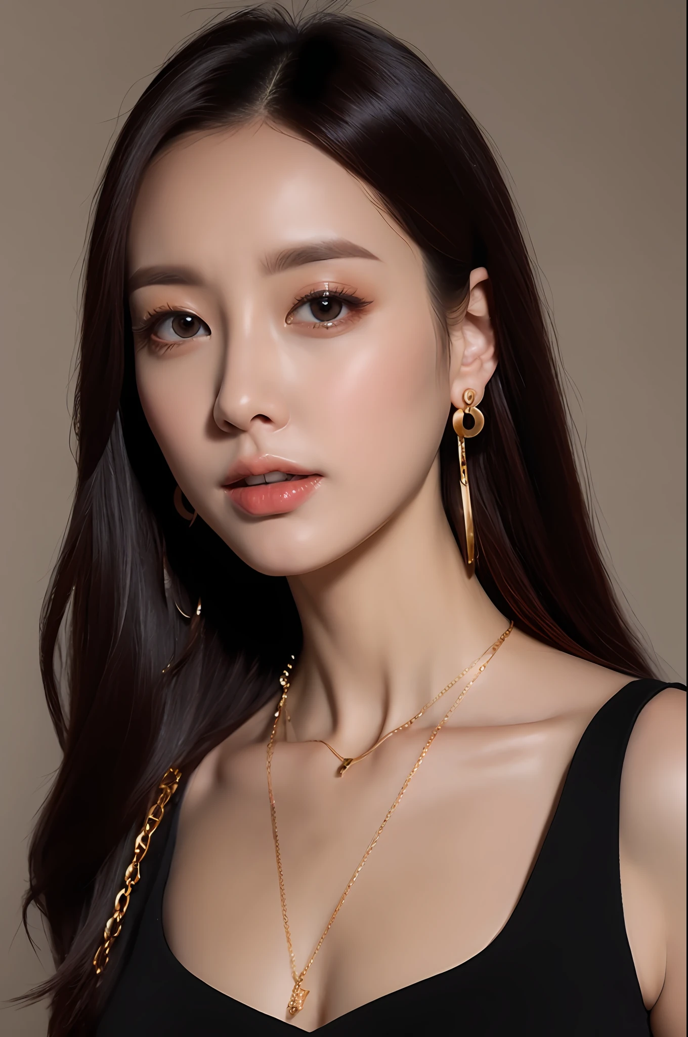 (8K, Best quality, Masterpiece: 1.2), (Realistic, Realistic: 1.37), Super detail,Glamorous fashion model,Elegant black sleeveless top, Gold hoop earrings and layered chain necklace