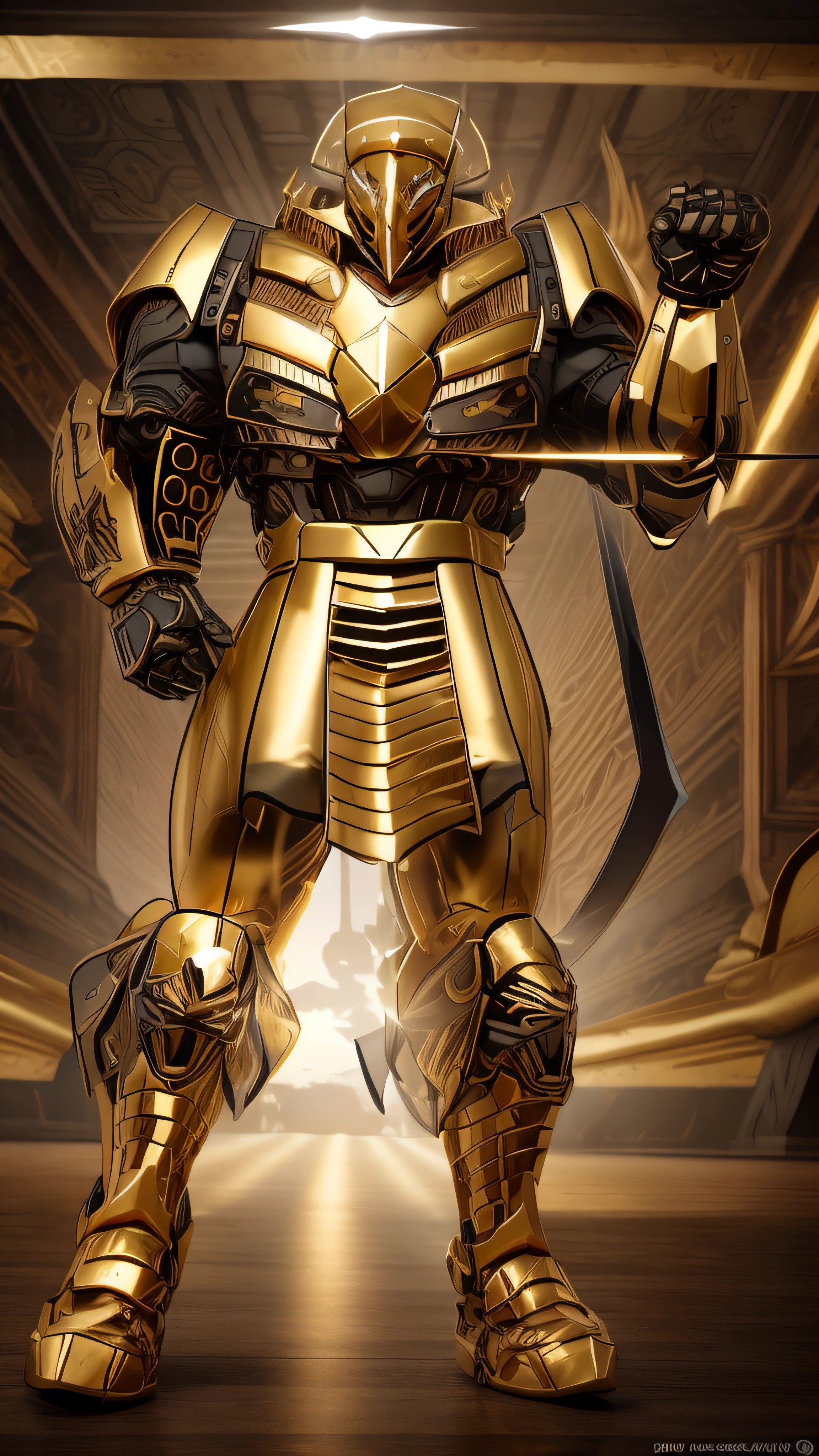 A closeup of a golden robot with a sword in hand, Armadura obsidiana de ouro pesado, armadura pesada de ouro. Dramatic, luz saindo da armadura, Armadura Obsidiana de Ouro, estilo fantasia 8 k octane render, armadura dourada vestindo, armadura dourada pesada, armadura dourada de Paladin, armadura dourada, armadura dourada, epic paladin armor, photogenic details on armor