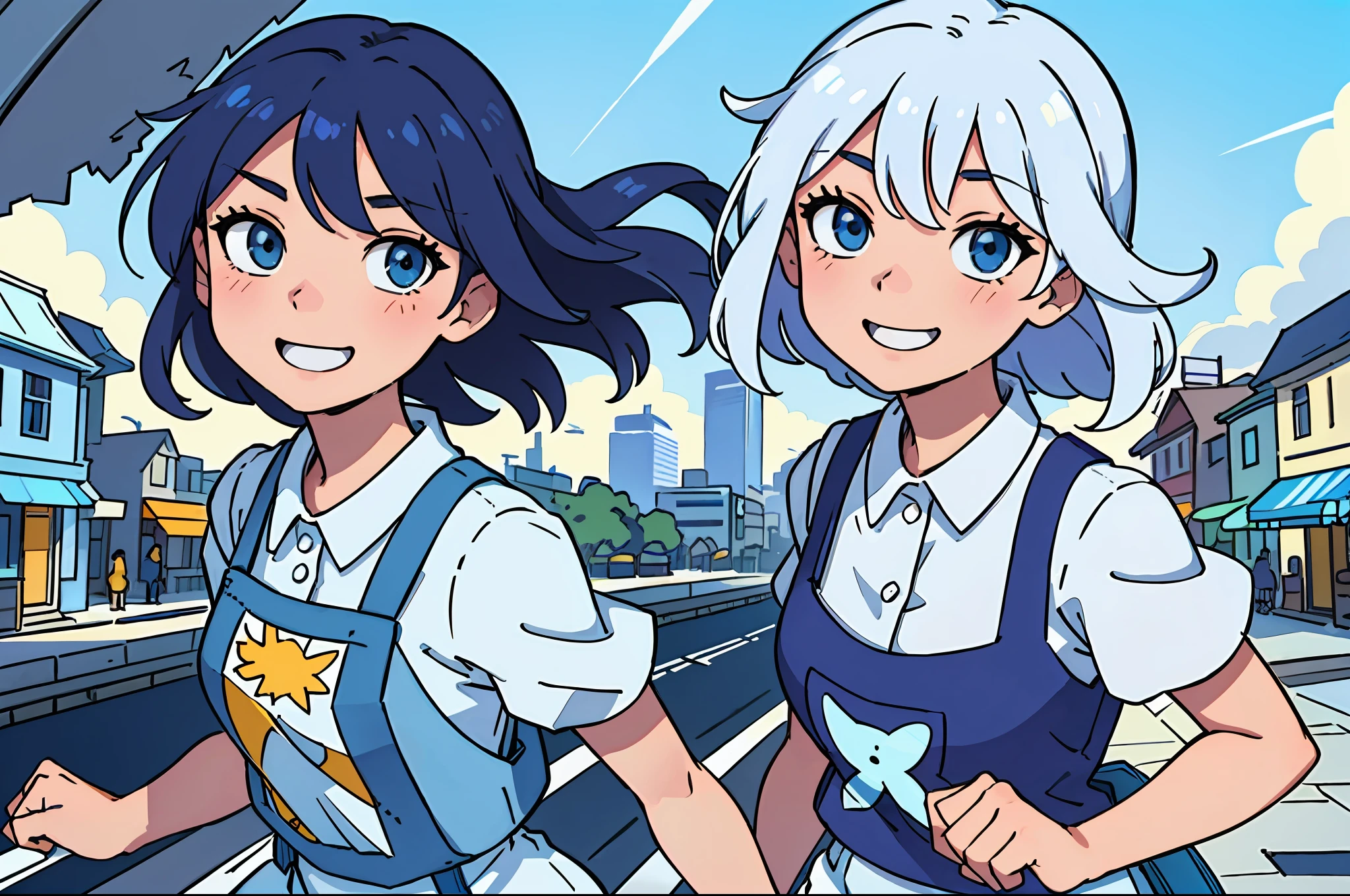 （best qualtiy：0.8），（best qualtiy：0.8），Perfect anime illustration，Extreme close-up portrait of a beautiful woman walking through the city，Blue swimsuit，and the sun was shining brightly，Sunny summer，White suspenders，blue panties，The face is smiling and shy，