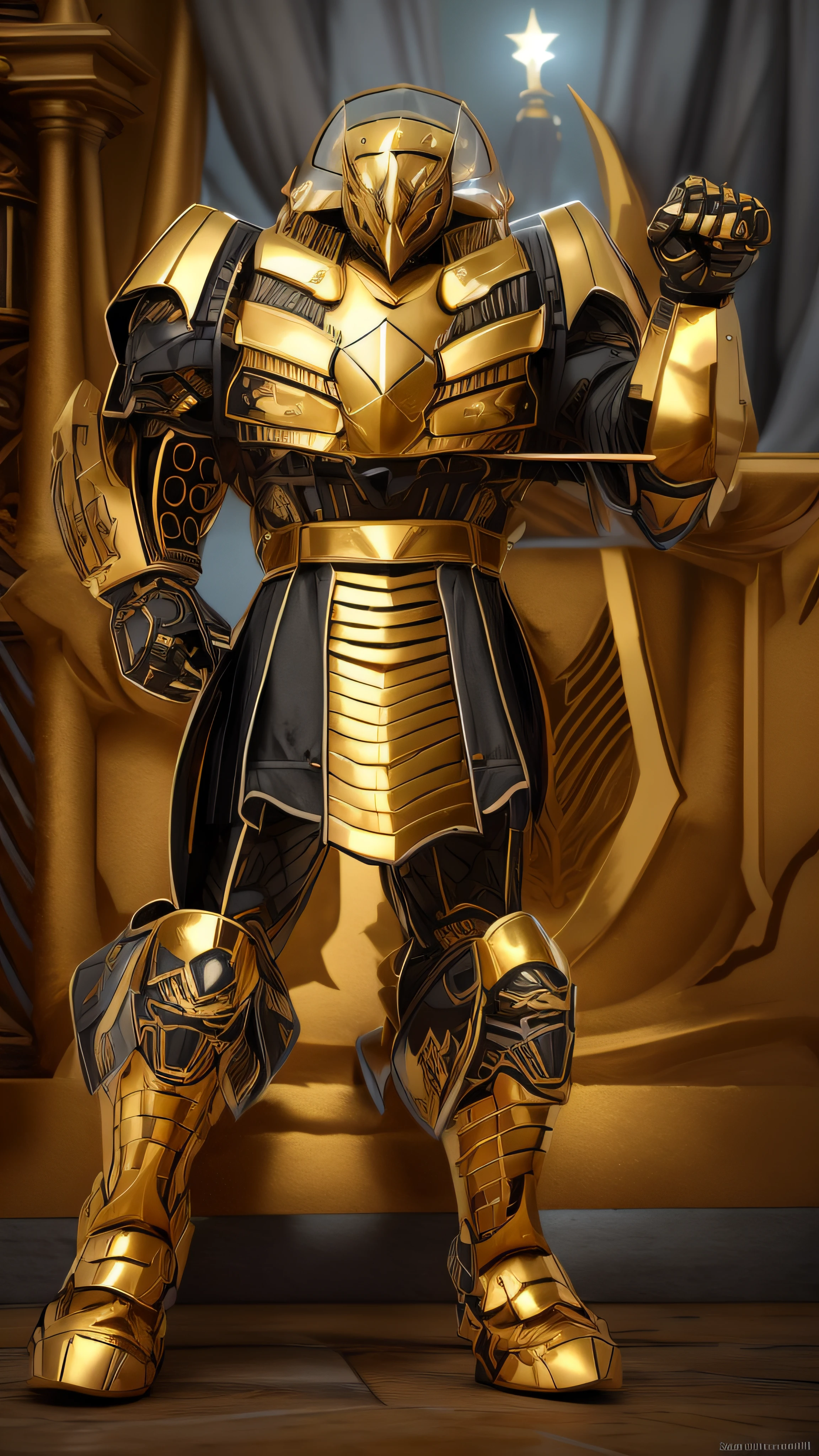 A closeup of a golden robot with a sword in hand, Armadura obsidiana de ouro pesado, armadura pesada de ouro. Dramatic, luz saindo da armadura, Armadura Obsidiana de Ouro, estilo fantasia 8 k octane render, armadura dourada vestindo, armadura dourada pesada, armadura dourada de Paladin, armadura dourada, armadura dourada, epic paladin armor, photogenic details on armor