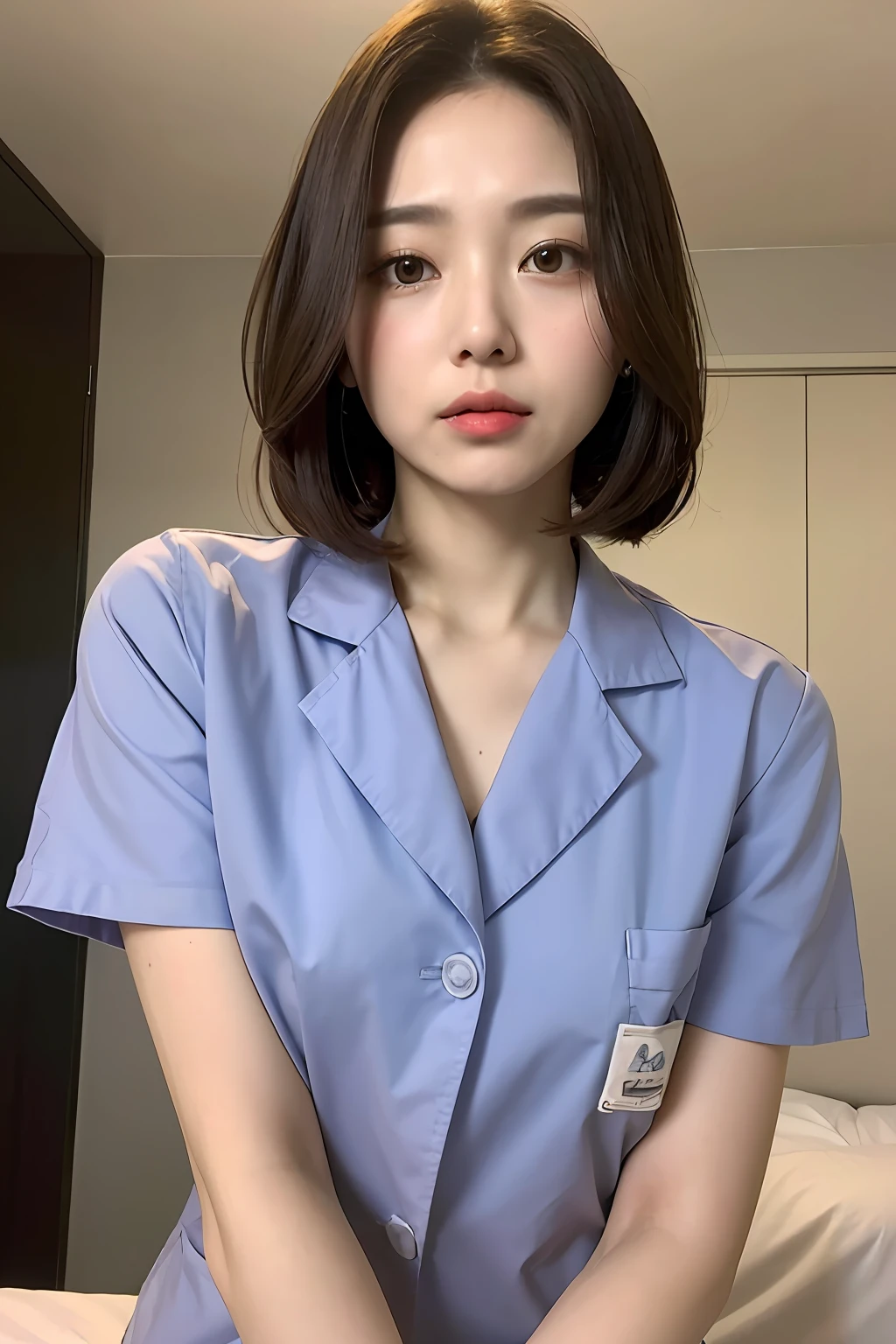 nurse、Take care of uniforms、(top-quality、8k、32k、​masterpiece、UHD:1.2)、Photo of a cute Japanese woman、女の子 1 人、(Medium short dark brown hair)、(huge tit)、二重まぶた、White nurse uniform、Little White Nurse (caps) 、White shirt、open-shirt、hospitals、Hospital room、The upper part of the body、A sexy