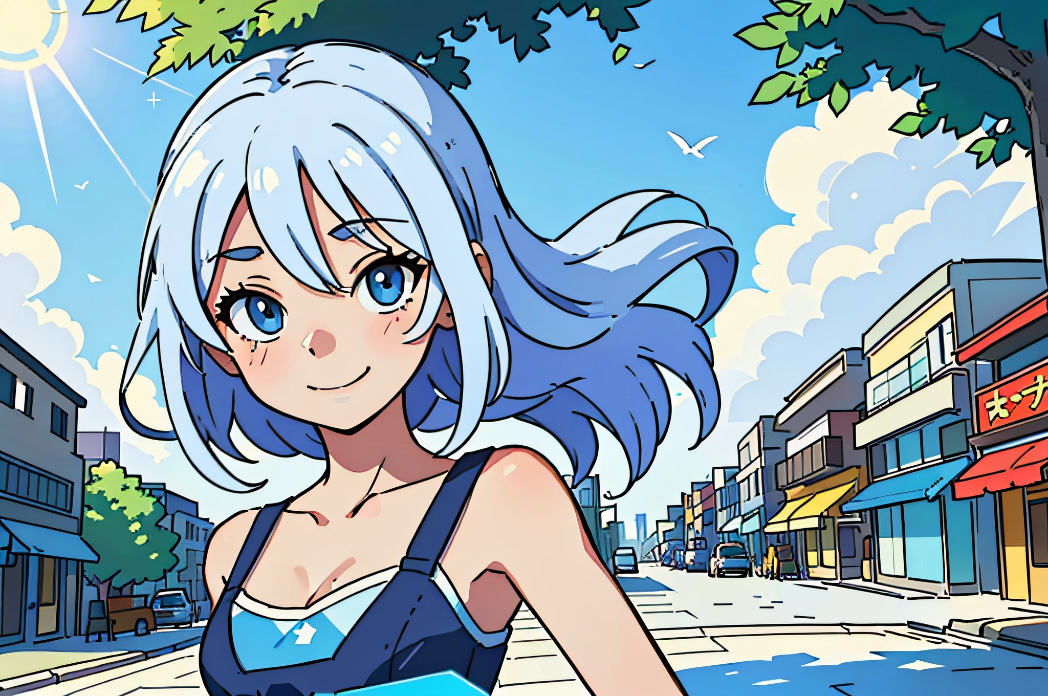 (best qualtiy:0.8),(best qualtiy:0.8),Perfect anime illustration,Extreme close-up portrait of a beautiful woman walking through the city,Blue swimsuit,and the sun was shining brightly,Sunny summer,White suspenders,blue panties,The face is smiling and shy,