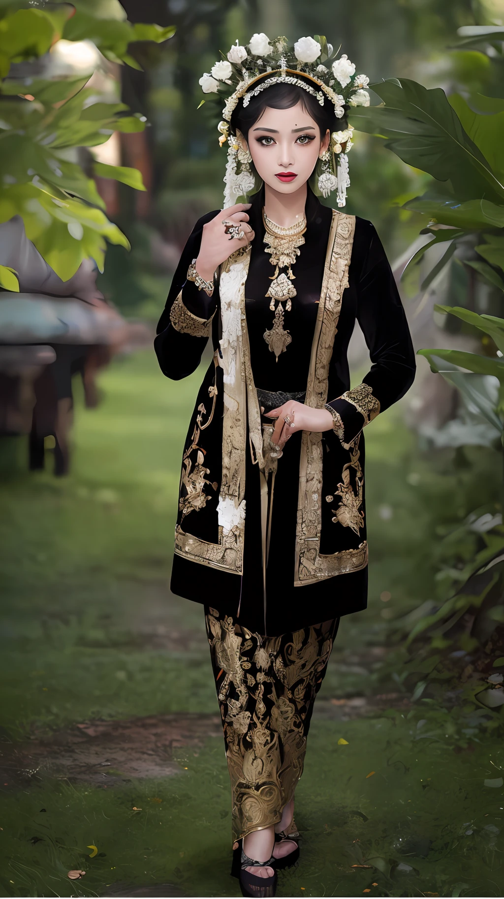 ((masterpiece,best quality, best color,photorealistic, hyper-detailed)), a java woman wedding in a black and gold outfit, take standing photo, wearing an ornate outfit, wearing ornate clothing, ornate attire, traditional clothes, ornate clothing, intricate outfit, java traditional dress, etheral background, centered, sharp focus, deep shadow, dark theme