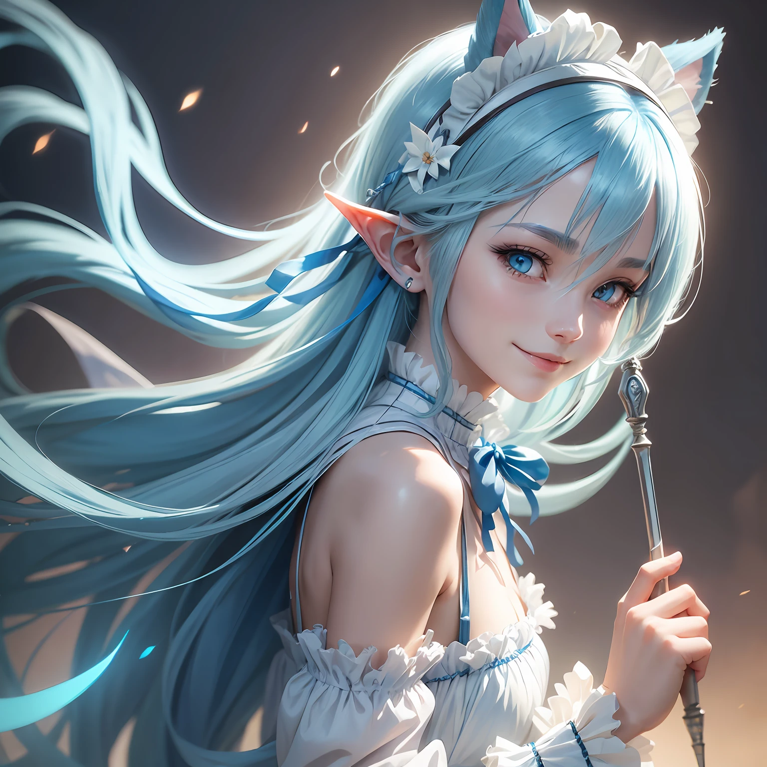 Light blue hair, Hair ribbon, Hairpin, maid headdress, long and pointed ears, Light smile, Anime style, Chiaroscuro, Depth of field, Glowing light, hyper HD, A high resolution --auto