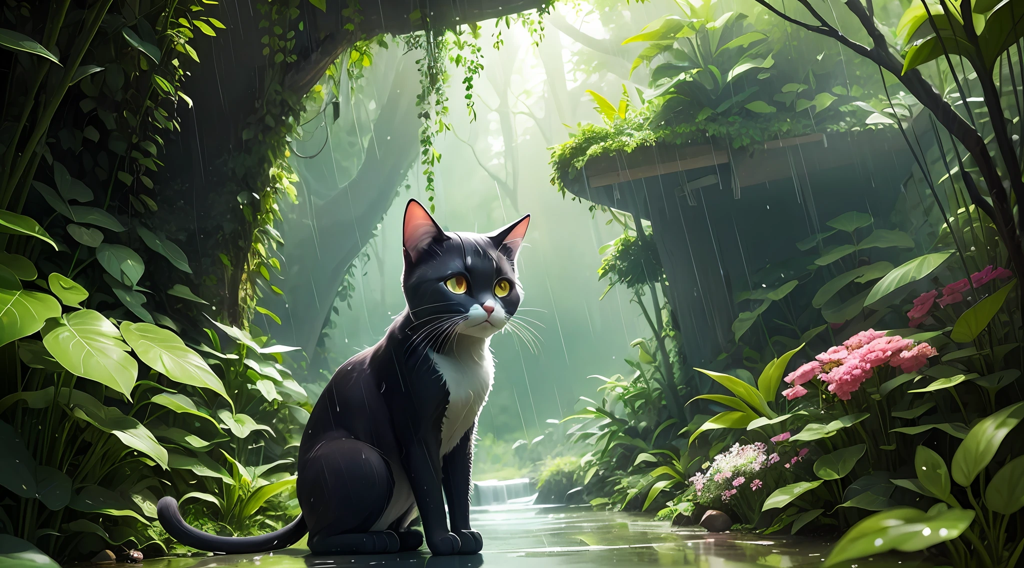 Cartoony,A rainforest full of greenery and flowers,A slender and charming cat,Quietly observe this beautiful world in the rain。