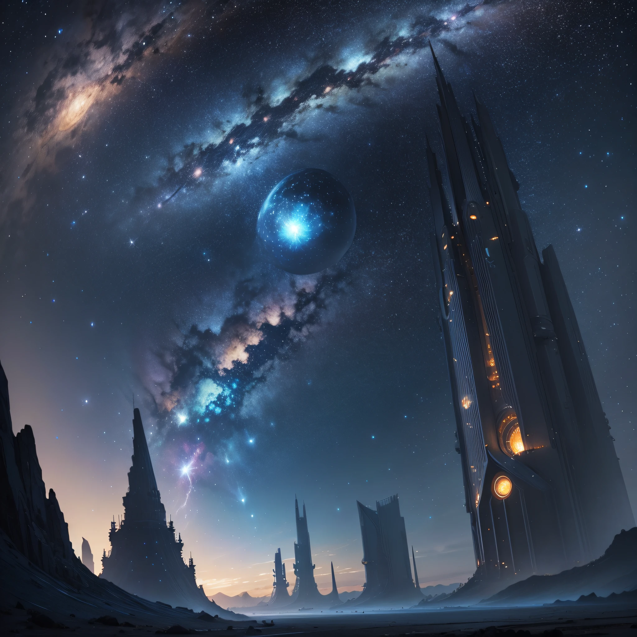 Vast starry sky,Show off the starry night,Gaseous planet,sci-fy,Imposing,Mysterious building。 --auto