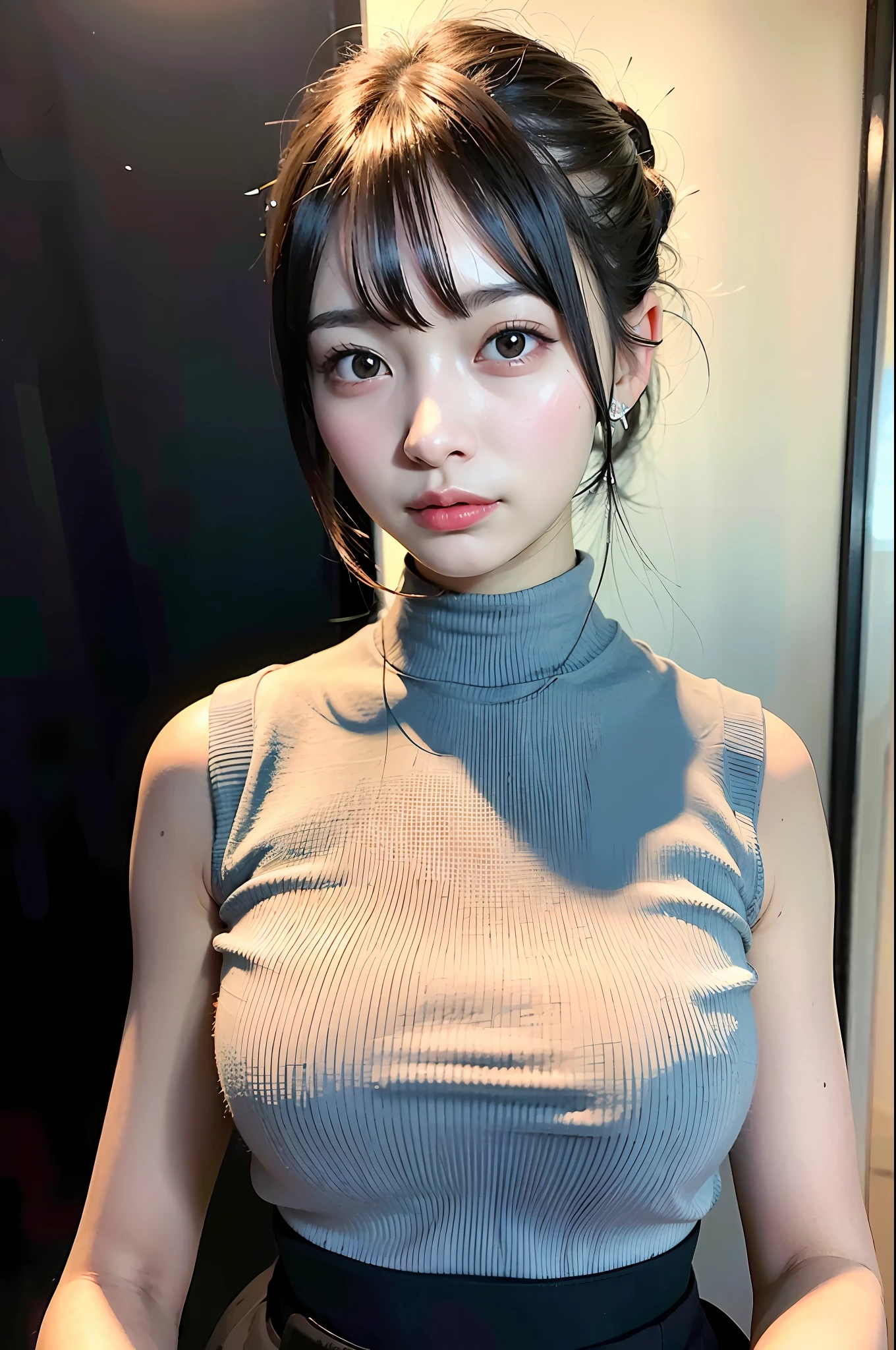 top-quality、超A high resolution、(Photorealsitic:1.4)、1人、Black tight skirt、Black choker、(faded ash gray hair:1)、(huge-breasted:1.2)、looking at viewert、a closeup、