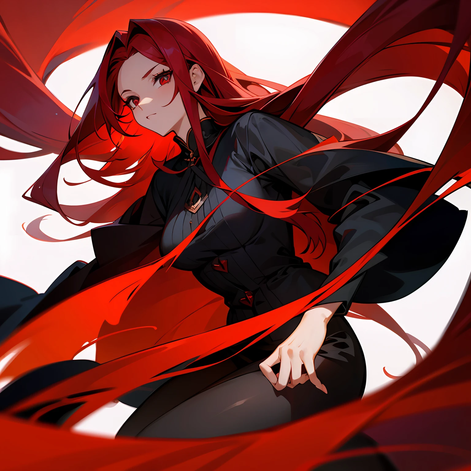 femele,red hair,Red pupil,Clothes in black ,Long hair,The upper part of the body,mature,