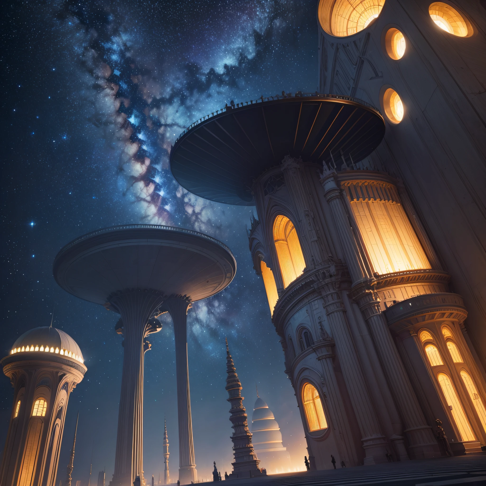 Vast starry sky,Show off the starry night,Gaseous planet,sci-fy,Imposing,Mysterious building。 --auto