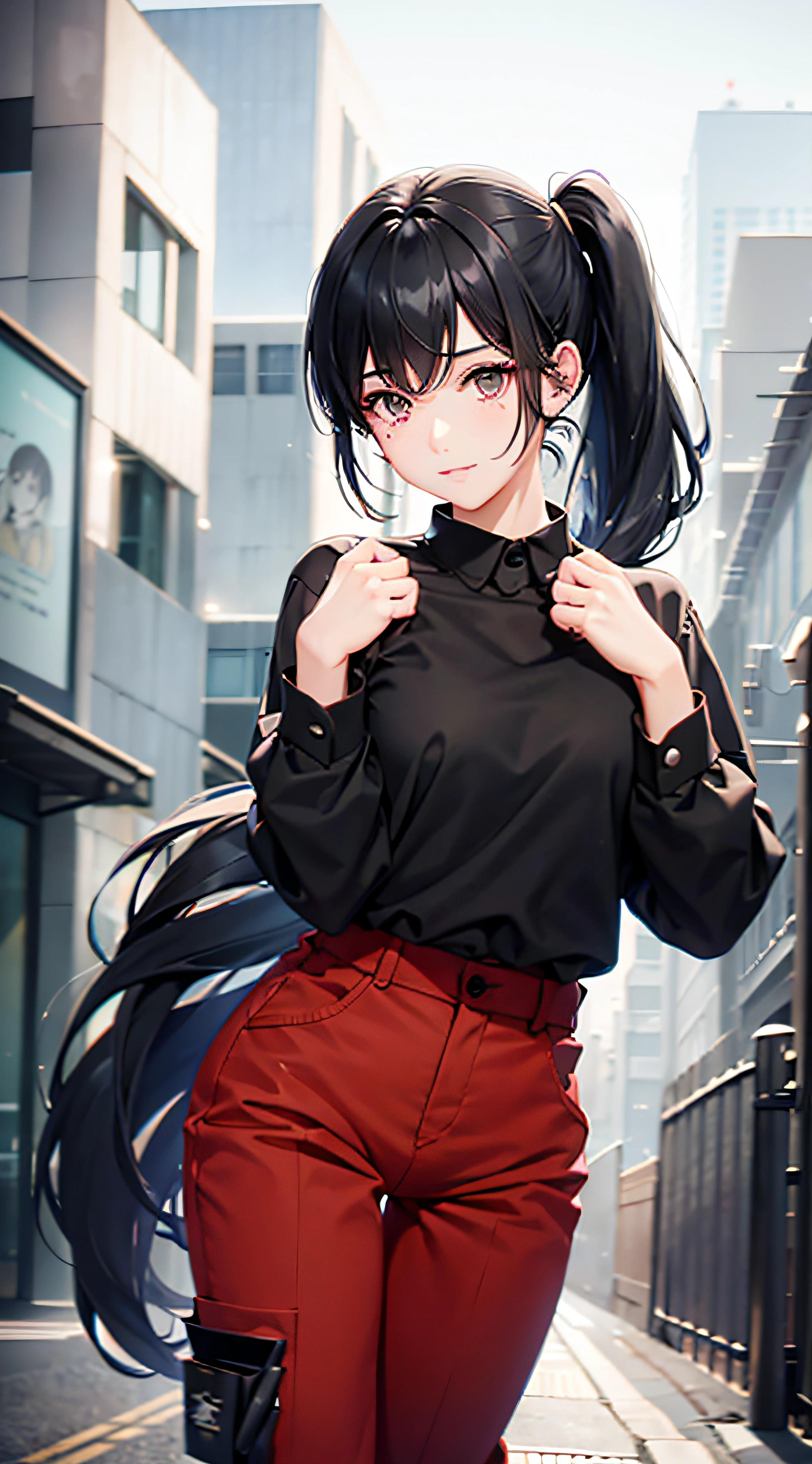 One Woman、cute little、Black hair、poneyTail、Black eyes、Mole under the eyes、Full body like、Shoujo manga style、Anatomically correct、Work clothes with long sleeves and long pants、mechanic、Black Safety Shoes、Best Quality、Concrete walls