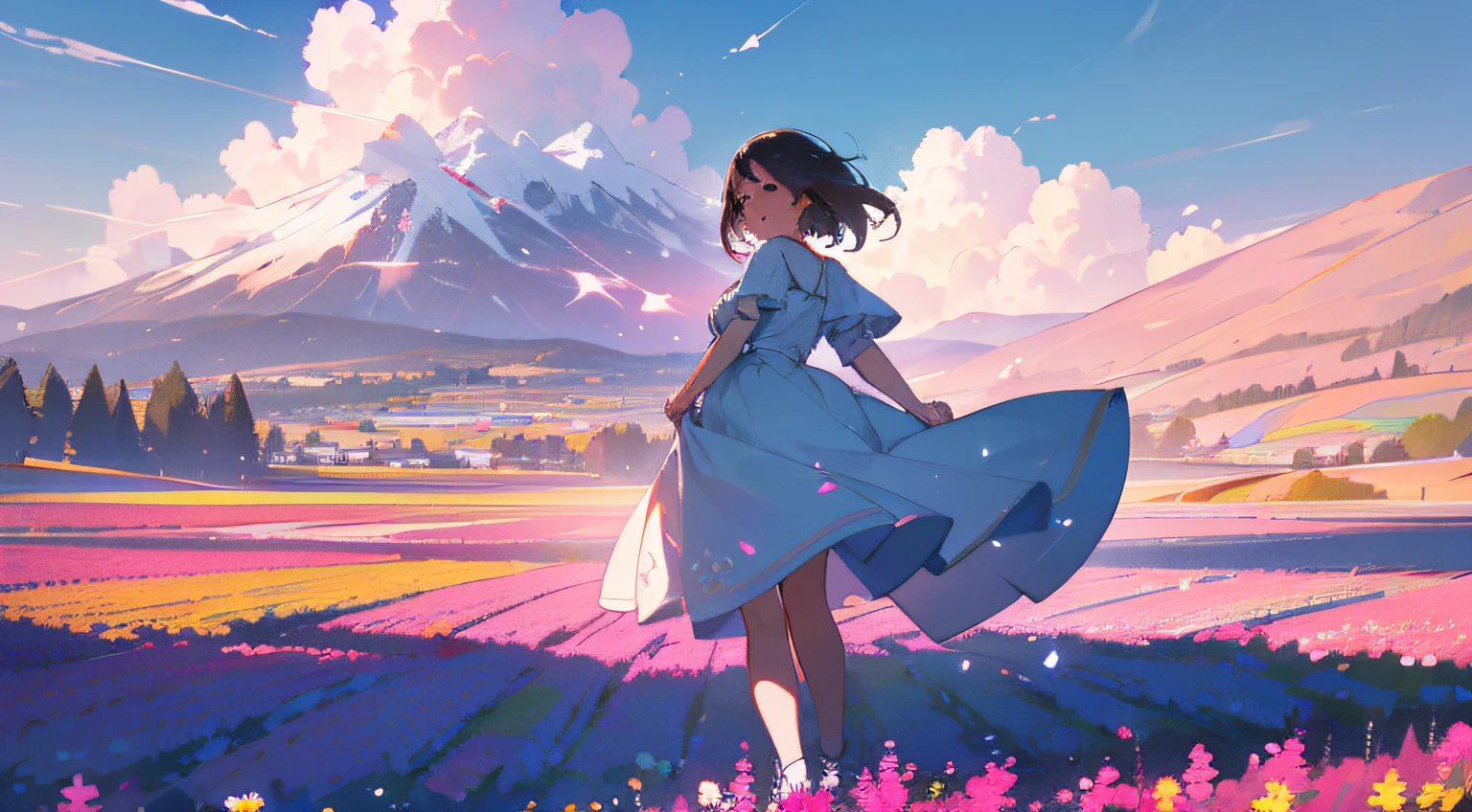 1girl, dynamic angle, cloud and mountain, (flower field:1.4) in the foreground, white dress, light tracing, (floating colorful wind:1)
(photorealistic:1.4), official art, unity 8k wallpaper, ultra detailed, beautiful and aesthetic, masterpiece,best quality, glowing skin, cinematic lighting, light smile --auto