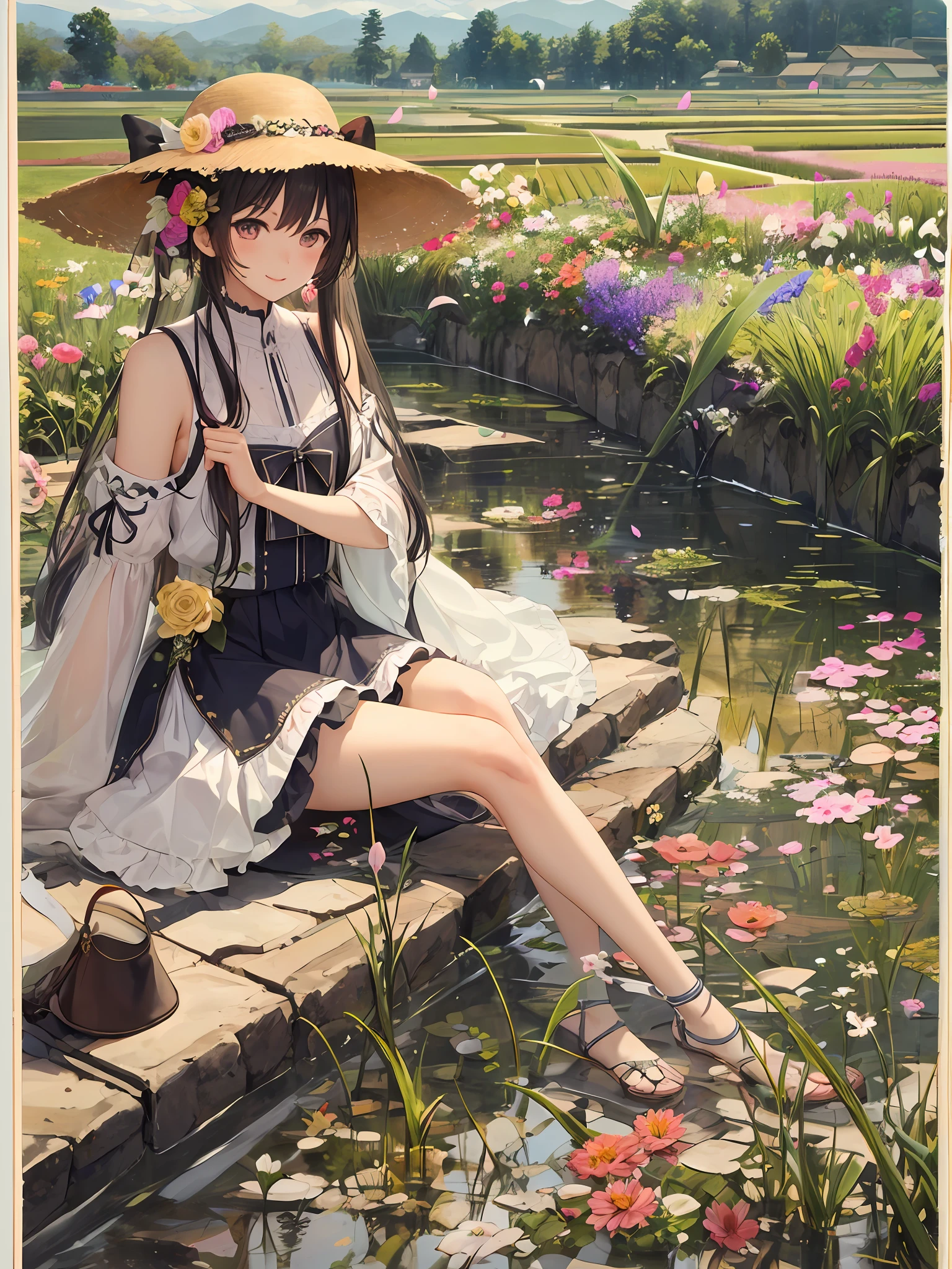 tmasterpiece, Better quality, 1 Barbie, Solo, Long hair, looking at viewert, ssmile, rim, a skirt, Camisa, longer sleeves, bucket-hat, shift dresses, the bow, participate, Keep one's mouth shut, florals, Frilly, hair flower, Flower petals, flower bouquet, croped, Blooming bouquet, ricefield, florals, ricefield,